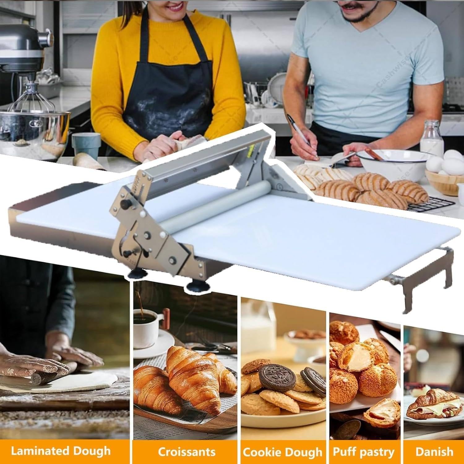 Máquina Laminadora de Masa Manual Plegable, Laminadora Profesional Acero Inoxidable, Grosor Ajustable 0-27mm Rodillo de Repostería, para Pizza Croissants Hojaldre Pasta Equipo Panadería Cocina