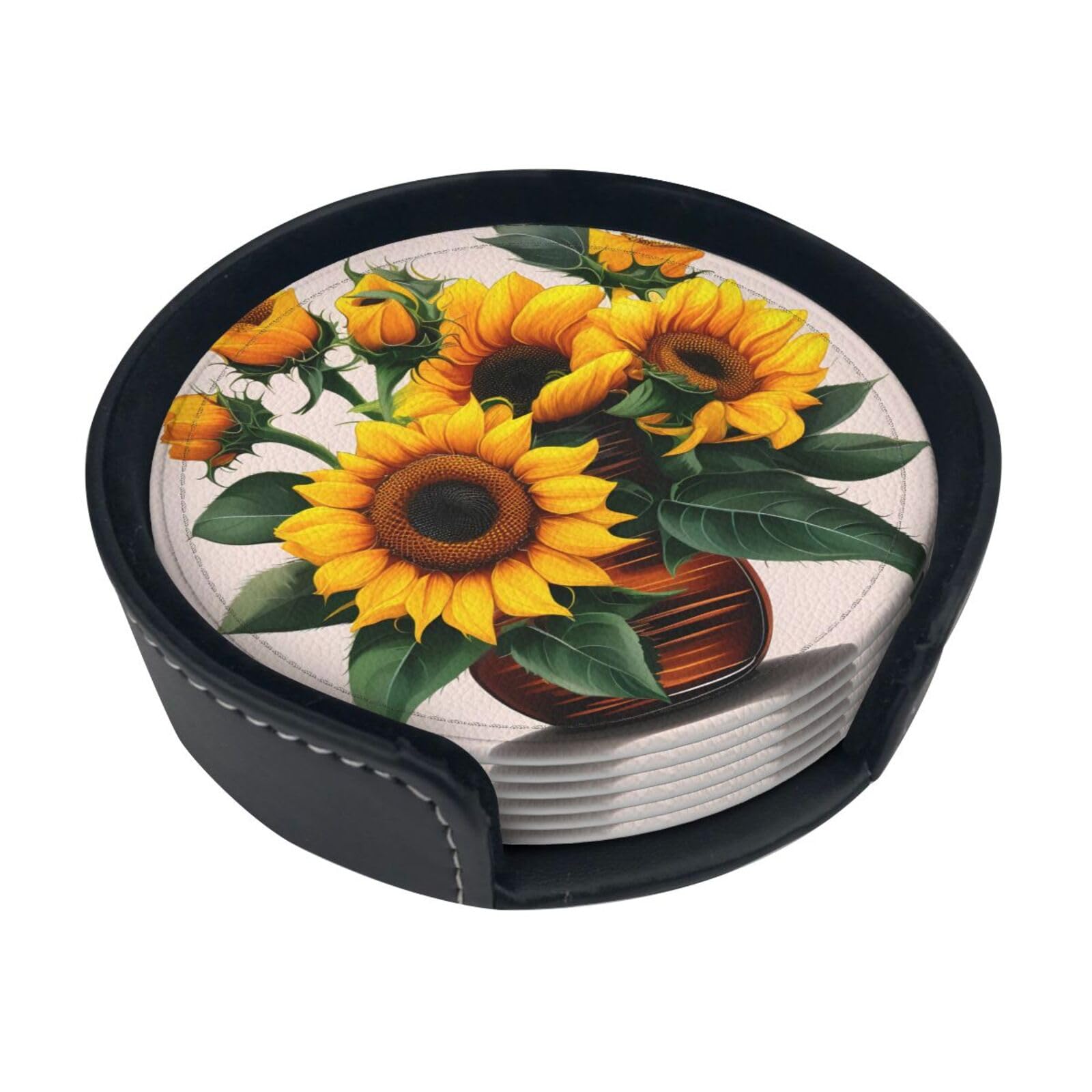 Sunflower And Rose Print Round Coasters Set Of 6,Coaster For Tabletop Protection Home Bar Decor