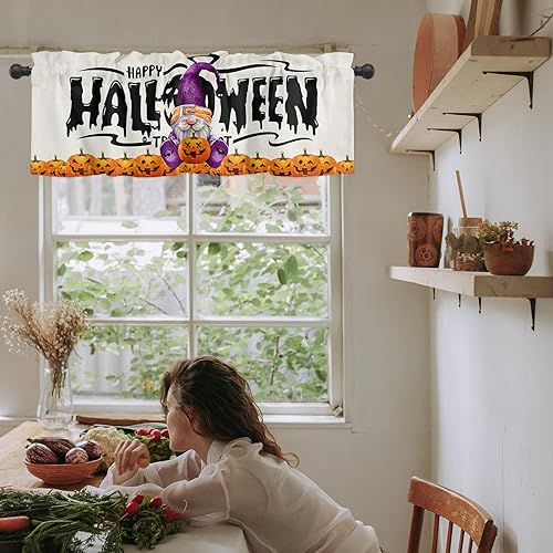 Miniatura 6 de Cenefas de Halloween para ventanas, lindo gnomo morado con cenefa de calabazas, bolsillo para barra, filtro de luz, cenefas cortas para ventana para