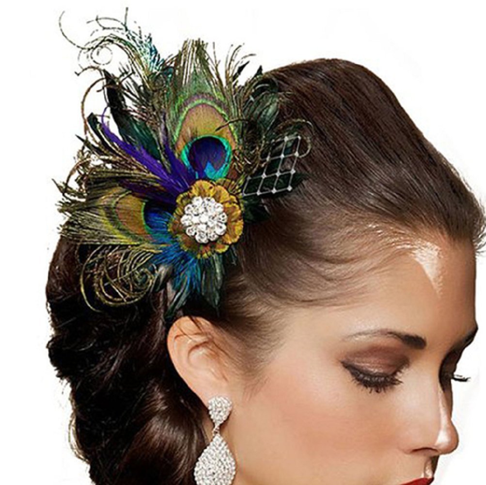Art Deco Fascinator Headpiece Peacock Feather Gatsby Flapper Party Hair Clip Amazon.com: BABEYOND Peacock Feather Hair Clip, 9.8 main image 3