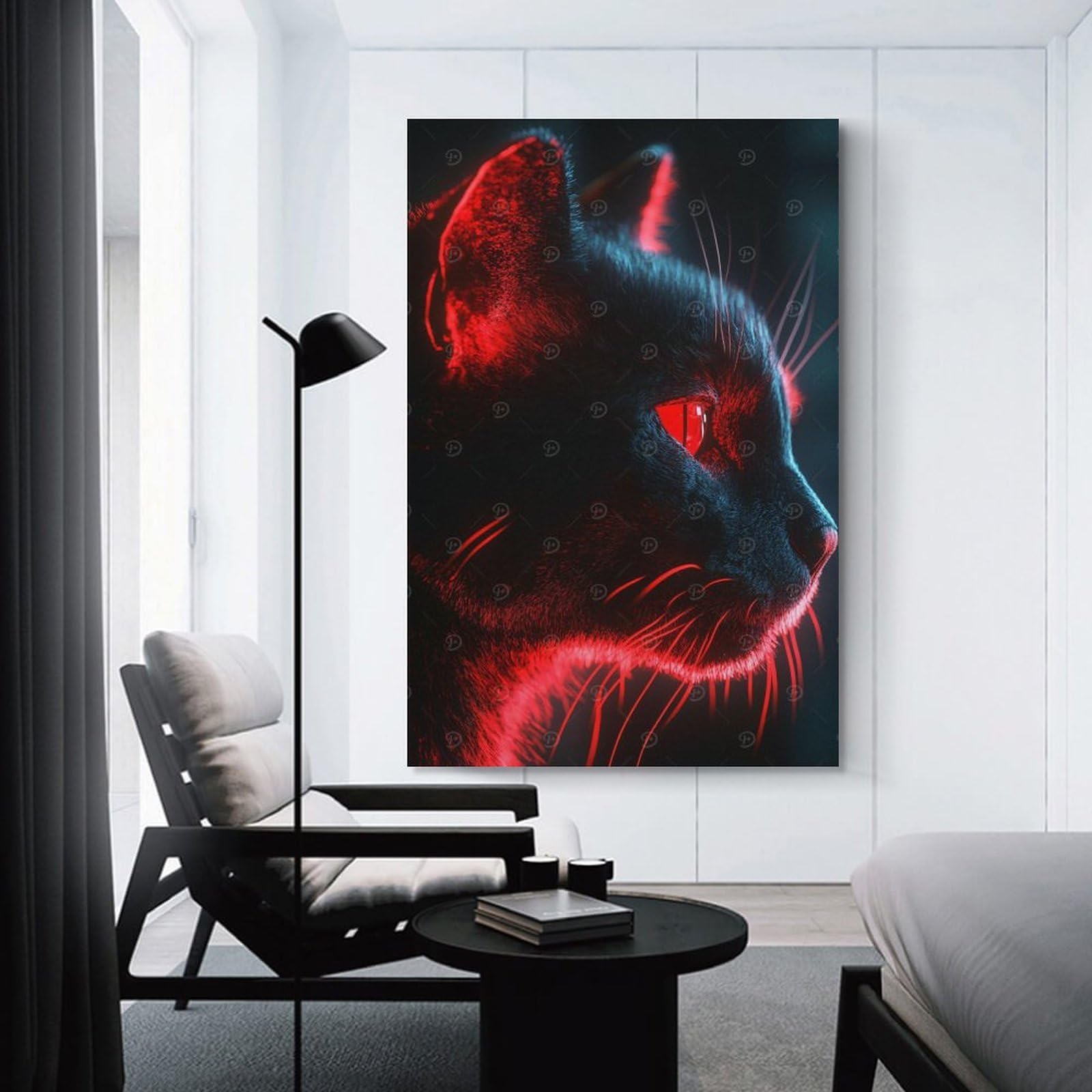 Junmoney Canvas Wall Decor Neon Lit Black Cat Portrait, 20x30inch(50x75cm), for Gallery Wall Decor And Room Displays, An Easy Match for Collected Prints