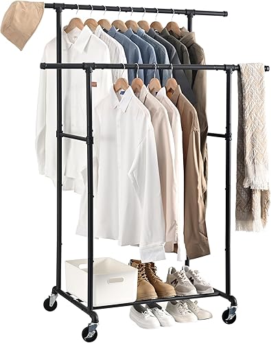 Miniatura 8 de Perchero de ropa resistente, perchero con ruedas, estante de ropa rodante, organizador de percha de ropa, doble varilla, máximo 400 libras, para