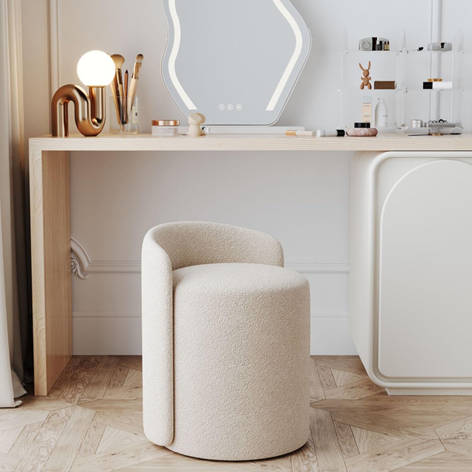 Comodo sgabello da toeletta con schienale, pouf basso rotondo in pelle, sedia da trucco girevole in pelle, sgabello da toeletta imbottito in PU, poggiapiedi(Off-white)