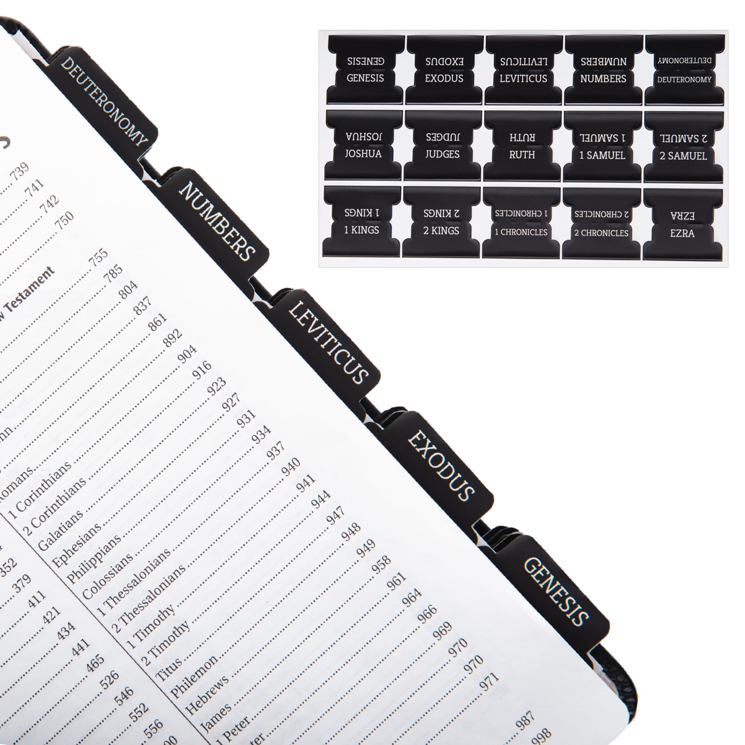 Prefdo Laminated Bible Tabs - 75 Large Print Index Tabs for Old & New Testament, Write-on (Black), 1.5x0.5inch
