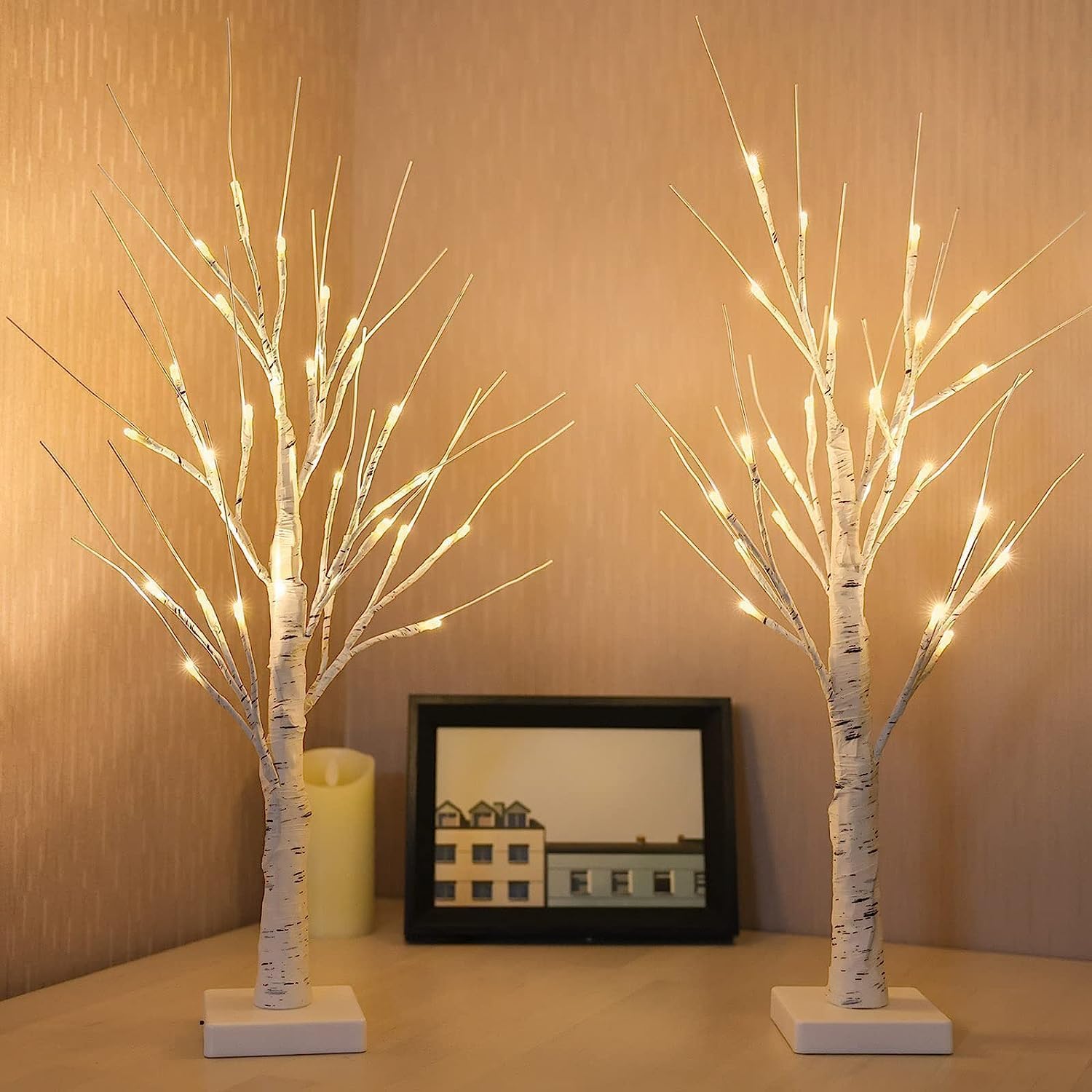 2-Pack 2FT Lighted Birch Tree with Timer for Christmas Decorations Indoor, Artificial Birch Tree with 48 LED Warm White Lights, Fairy Light Tabletop Centerpiece Tree for Christmas Winter Deocrations Warm White 2 Pack