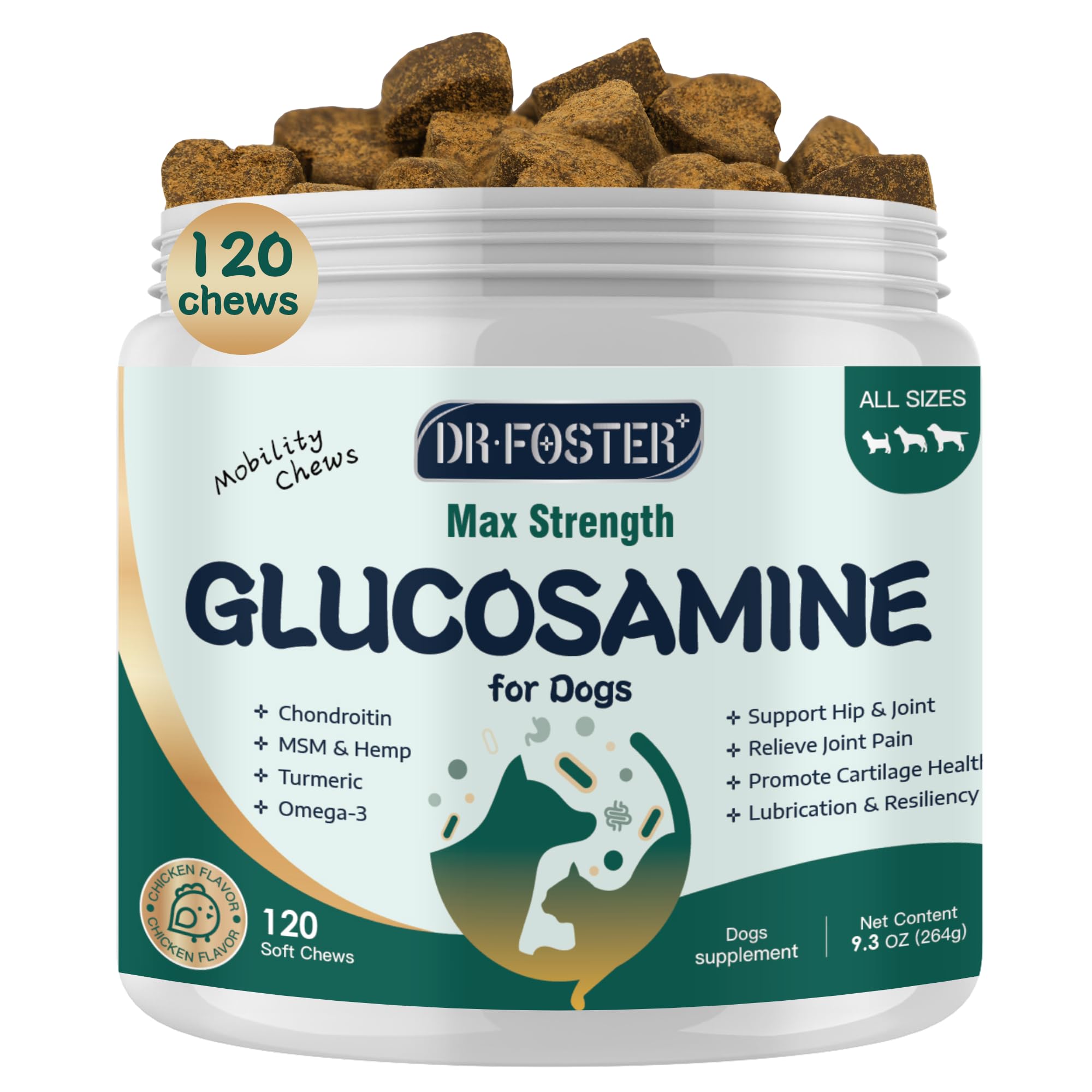 Glucosamine for Dogs, Hip and Joint Supplement for Dogs with Chondroitin, MSM, Turmeric, Omega-3 & Calcium, Dog Glucosamine Supports Pain Relief, Mobility & Comfort, Chicken Flavor, 120 Soft Chews