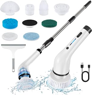 Electric Spin Scrubber, Cordless Electric Scrubber with 8 Replaceable Brush Heads/Glass Squeegee and 2 Cleaning Modes. Shower Cleaning Brush with Adjustable Handle Length for Bathroom, Floor (Black)