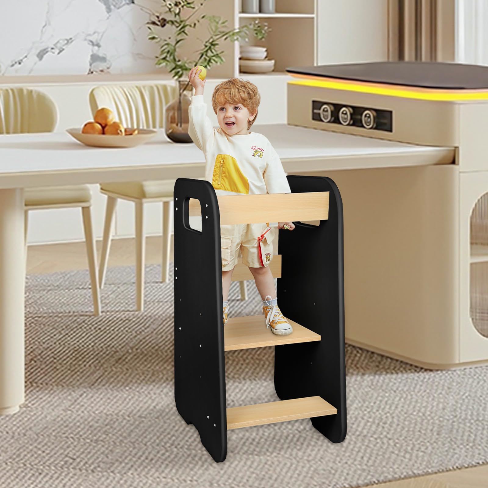 Torre de aprendizaje plegable de madera, 3 niveles ajustables, negro y natural, mango giratorio 88 x 45 x 45 cm (negro - C)