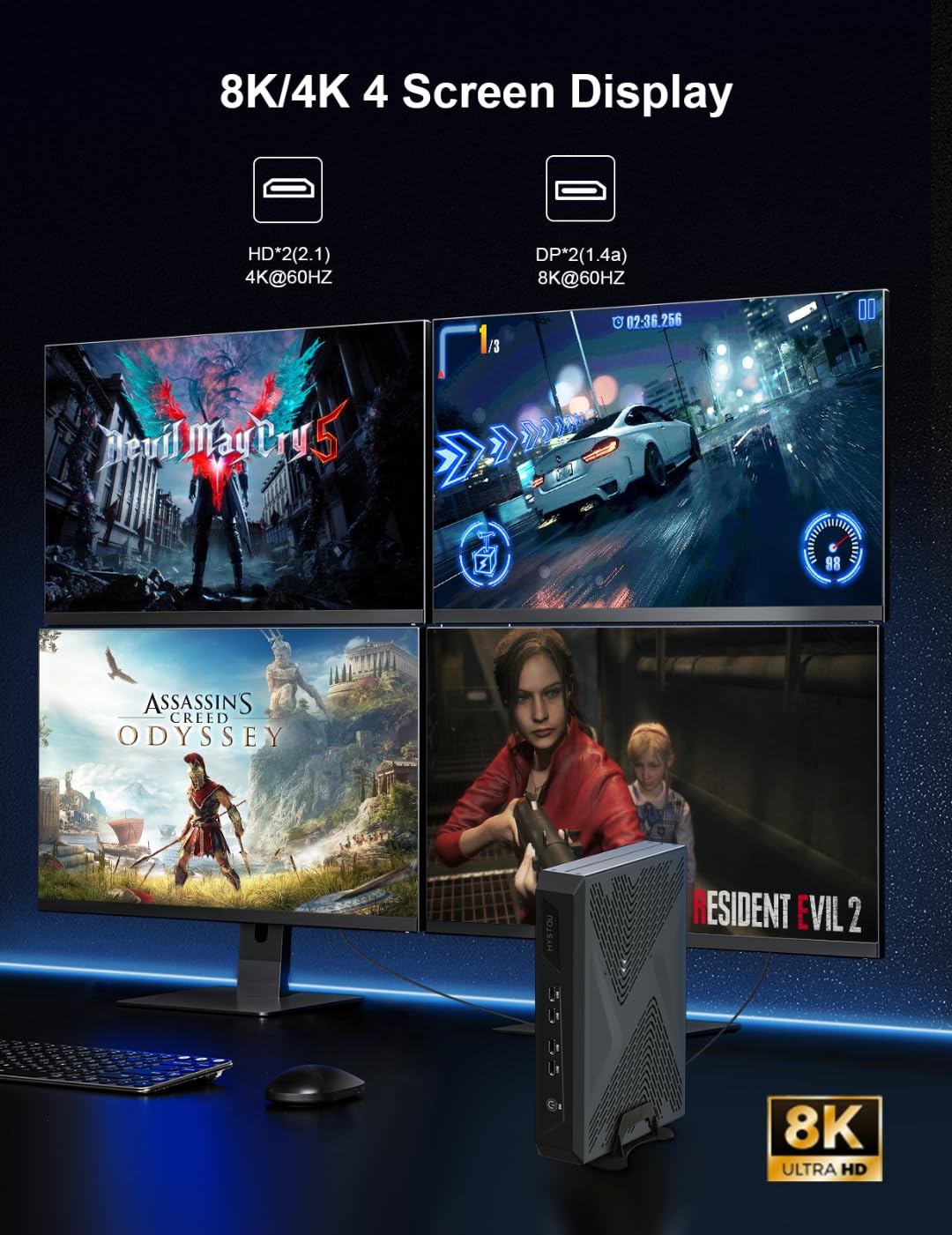 Mini komputer gamingowy, komputer gamingowy, procesor 11. generacji Core i9-11900 Win 11Pro 64 GB DDR4 512 GB M.2 NVMe 1TB HDD mini komputer, wyświetlacz 8K z czterema ekranami, WiFi6 BT5.2, mały