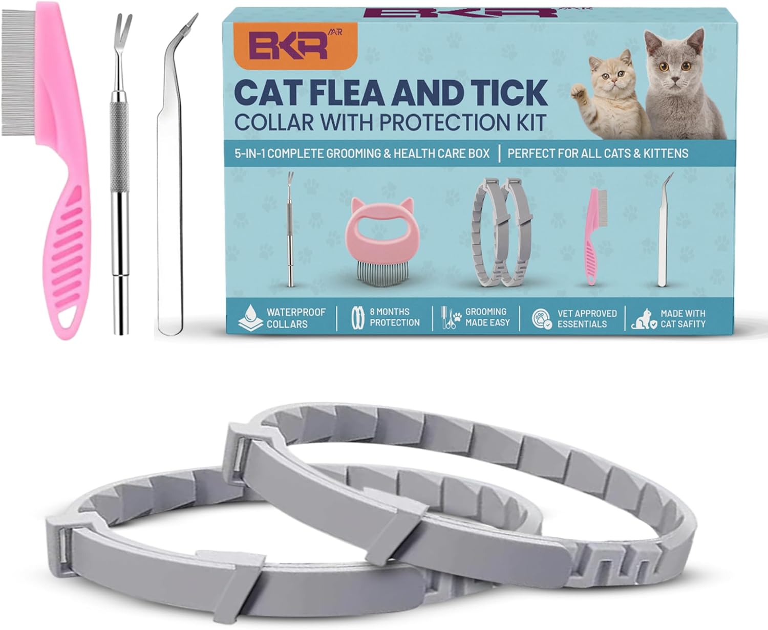 Cat Flea and Tick Collar 8-Month Protection Natural Flea Collar for Cats & Kittens with Flea Comb, Shell Comb, Tick Tweezers & Tick Removal Tool | 5-in-1 Cat Flea Collar & Protection Kit Set
