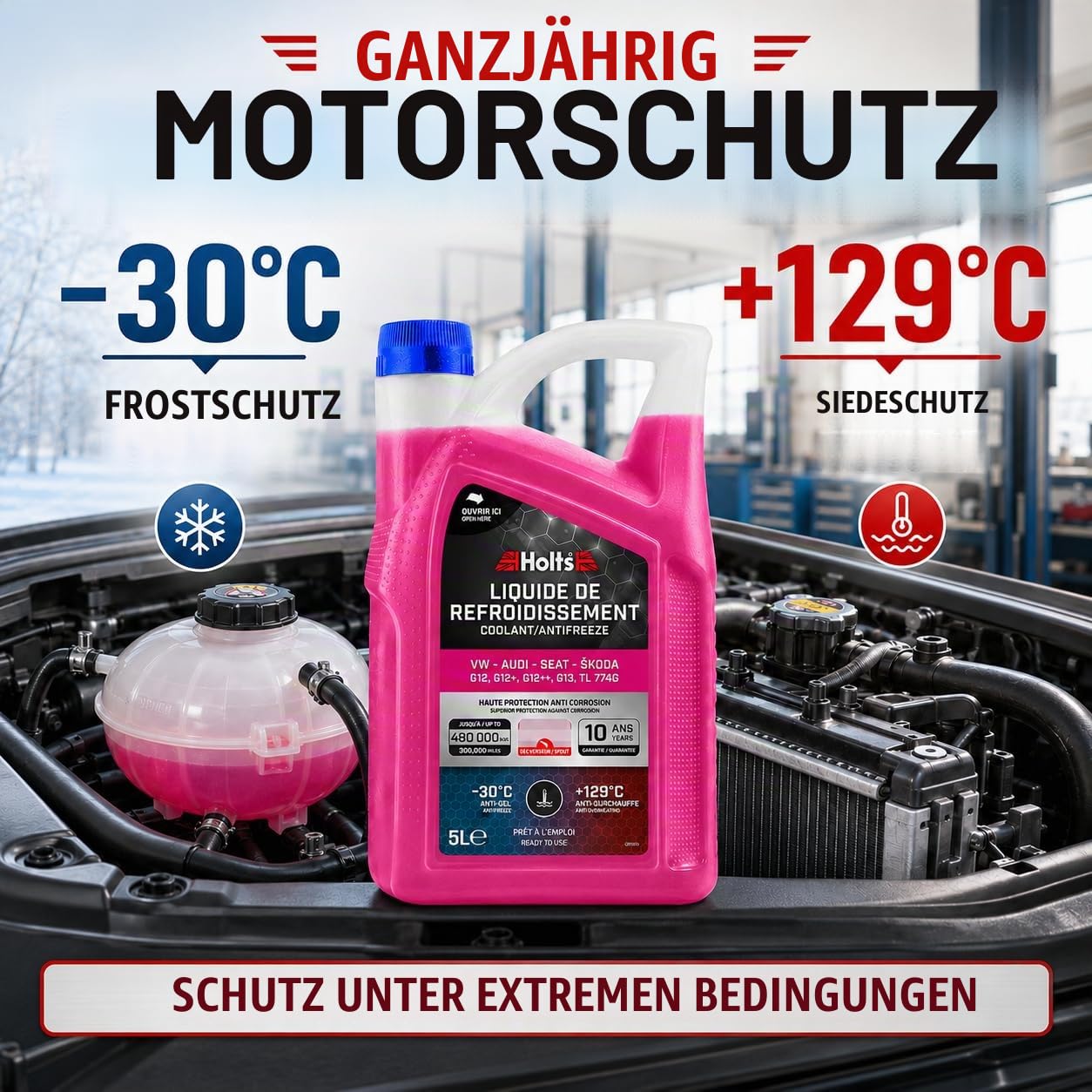 Holts HAFR0006B Kühlerfrostschutz Auto VW-Audi-Seat-Skoda G12, G12+, G12++, G13, G12 EVO 10-Jahre 480k km, Kühlmittel, kühlflüssigkeit Motor Auto -30°C, Rosa, 5 Liter