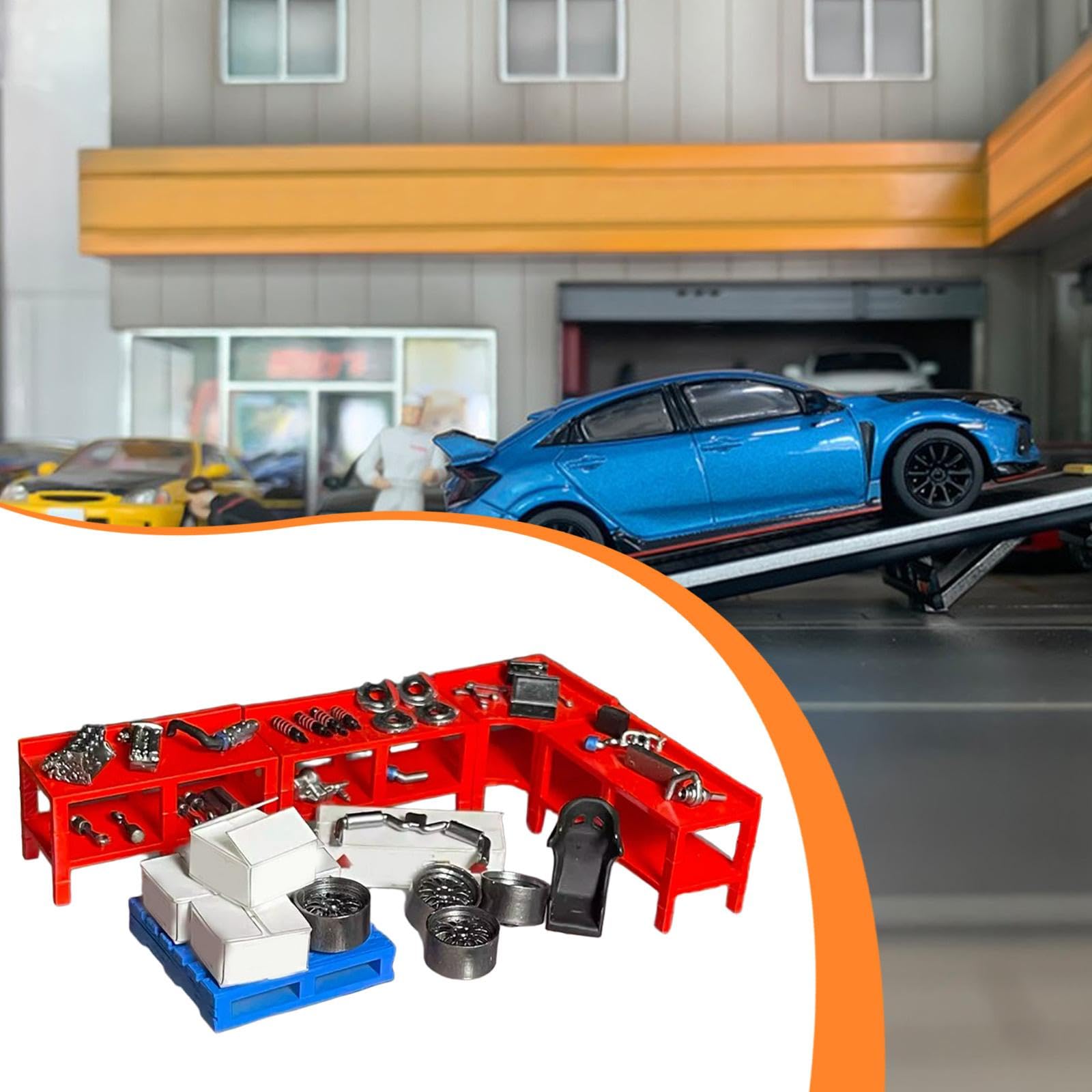 predolo 1/64 Diorama-Garagenzubehörset, Autowerkstatt-Szene, DIY-Mikroszene-Dekoration, robuste, kreative Miniatur, realistisch, Style B