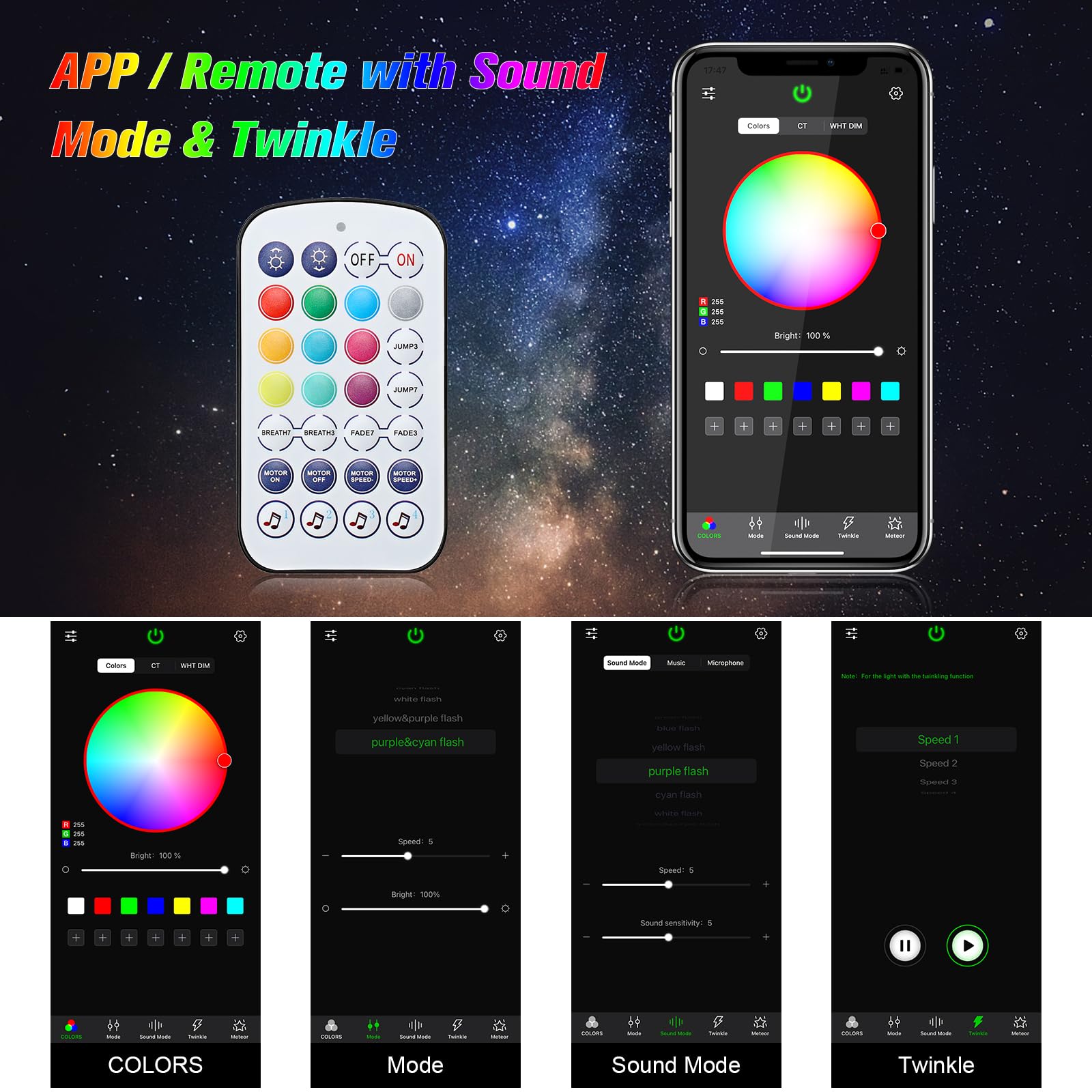 CHINLY 6W Twinkle Sternenhimmel Auto Glasfaser Licht, RGBW Bluetooth APP Fernbedienung, Musikaktivierung, 550pcs*0.75mm*3m Glasfaser-Deckenleuchten Kit für Auto/Decke/Kino/Zuhause