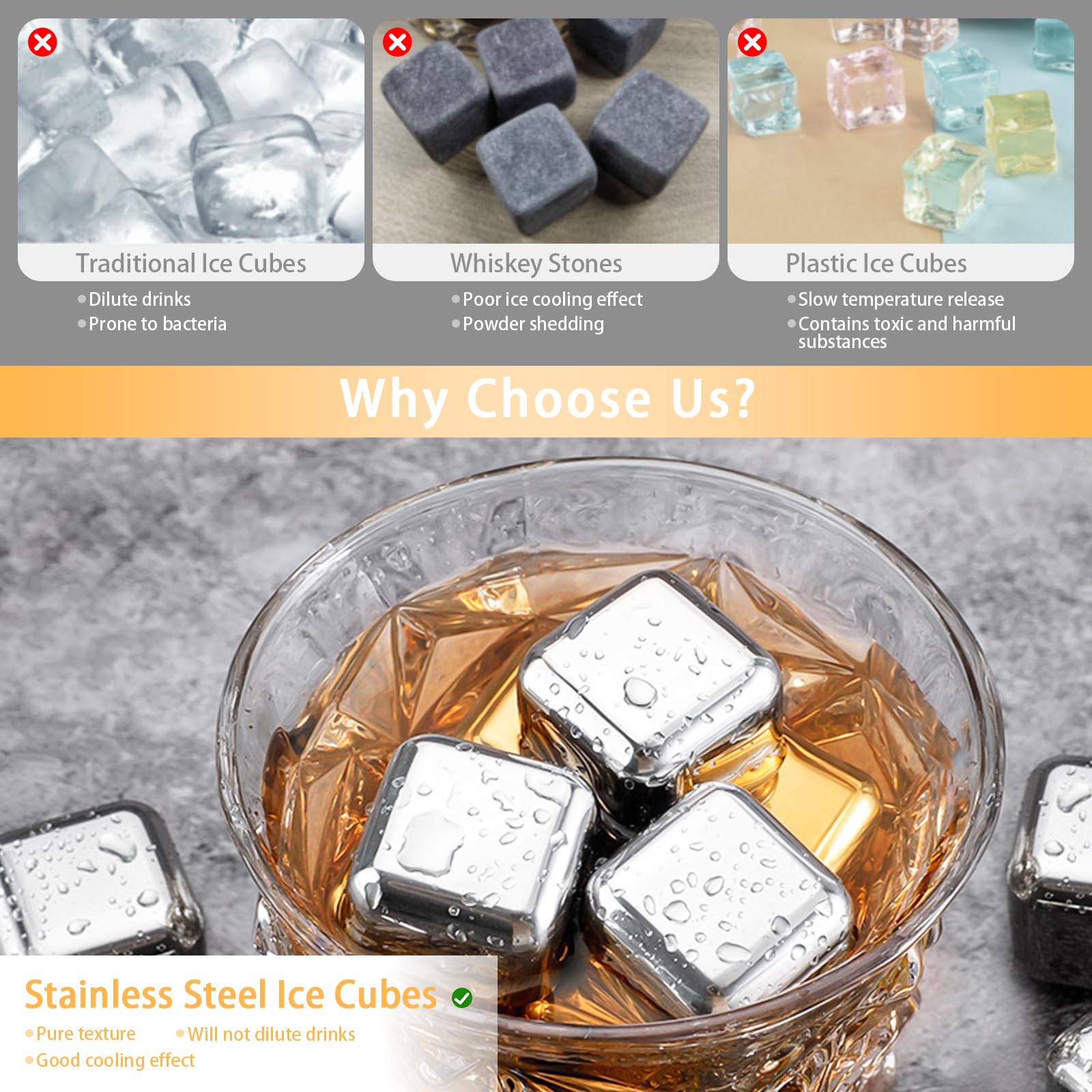 Xpieoyrm Glaçons congelés en acier inoxydable, Lot de 12 Glacon Reutilisable avec clip, glaçons acier inoxydable 304 de qualité alimentaire, Metal Whiskey Stones, pour Cocktails,Amateurs de Whisky