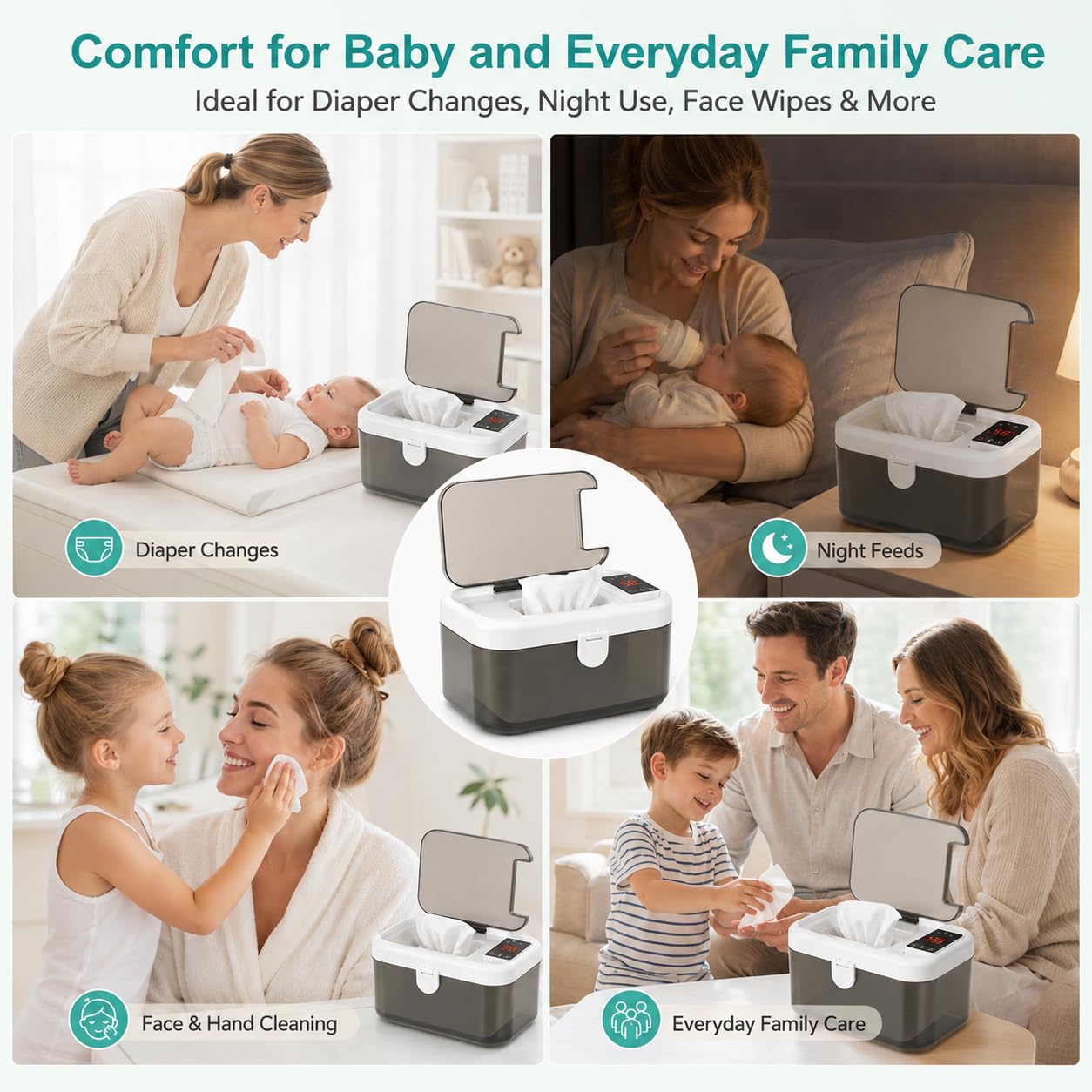 Chauffe-lingettes pour bébé, distributeur de lingettes USB portable avec 5 modes de température, chauffe-lingettes, veilleuse incluse | Distributeur de lingettes humides de grande capacité avec