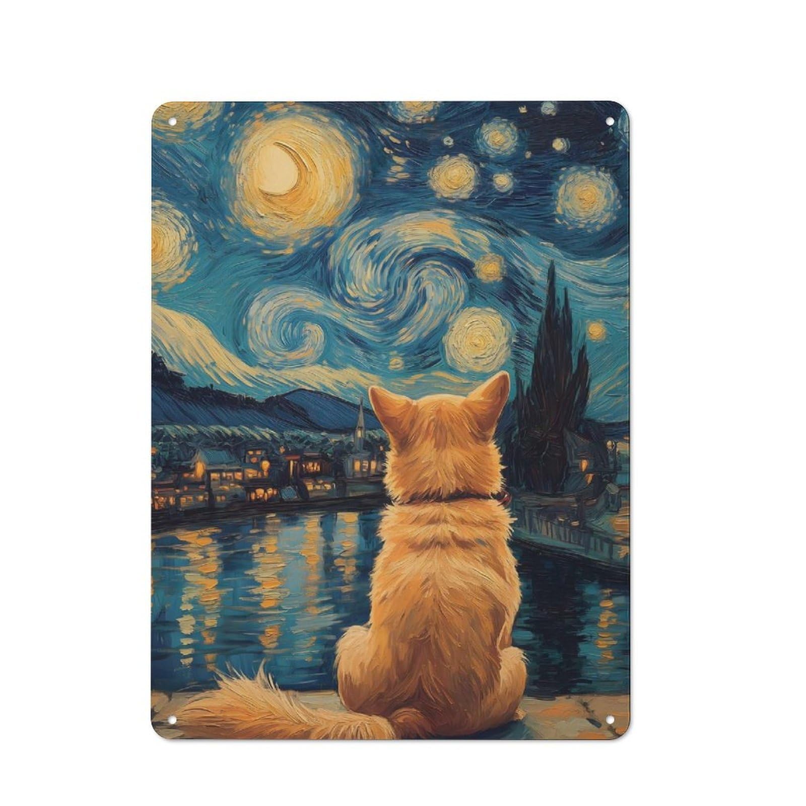 Junmoney Style-4 Creative Dog Shiba Inu Gazing At Starry Night Van Gogh Tin Sign 40X30cm, Study Room Decor For Workspace, Cafe, Shop Or Desk Area