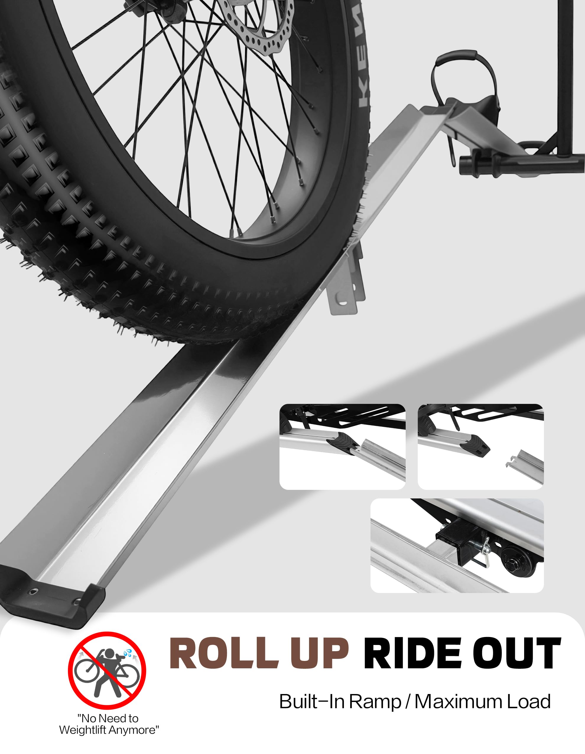 RokRack Plus Foldable 2 Ebike Rack with Ramp, 200 lbs Capacity Electric Bike Carrier Platform Mount, Hitch Bike Rack for Car SUV with Hitch Stabilizer, Lock Pin, Rain Cover & Lock