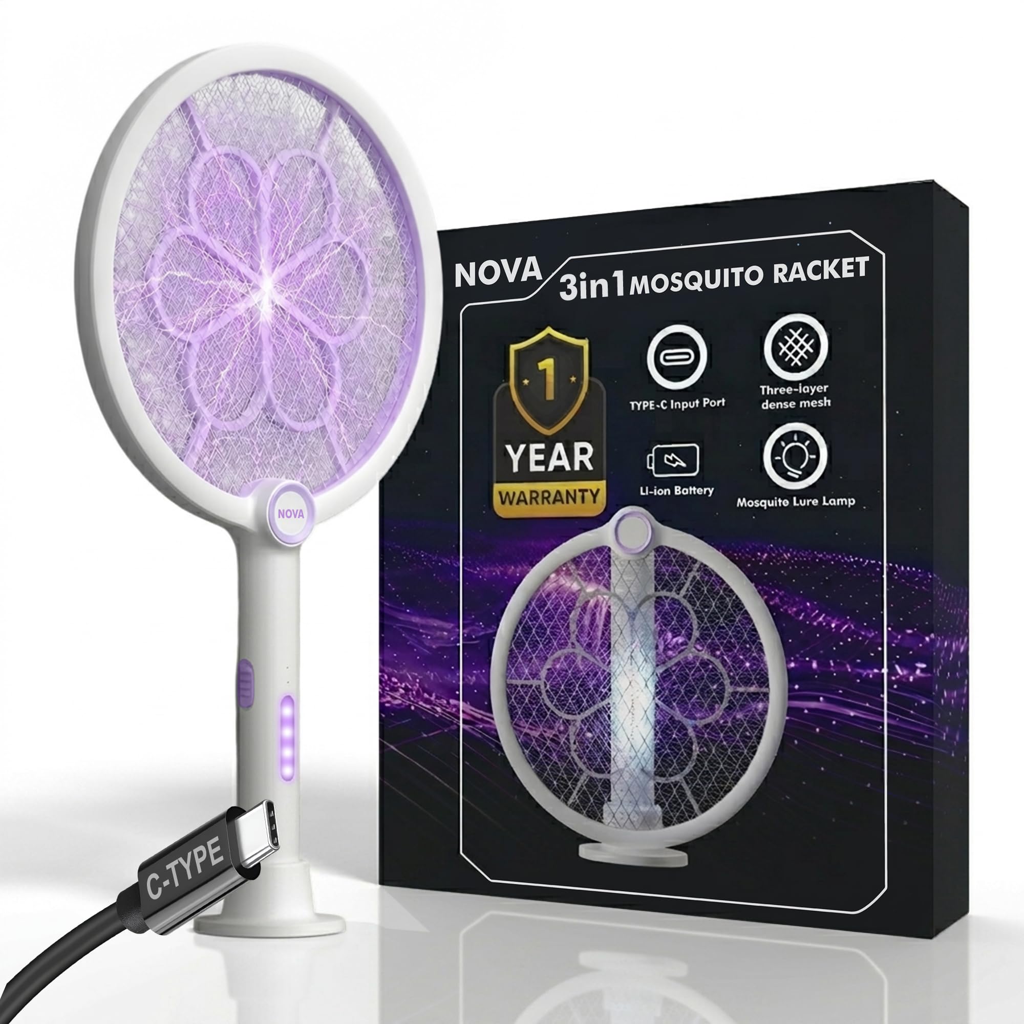 Electric Mosquito Killer Racket 3-in-1 Foldable | Fly Swatter | Stand & Hang Design | Mosquito Trap & UV Light for Home | Rechargeable 1200mAh Battery | Type-C Charging| 1 Year Warranty-image-12