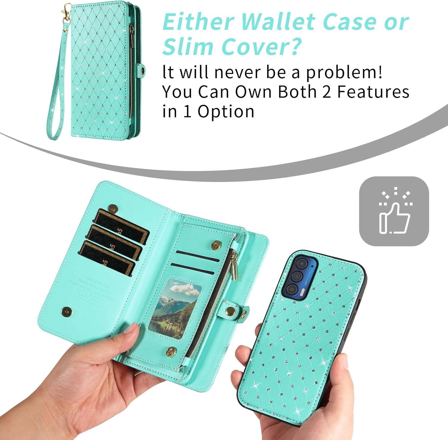 Asuwish Phone Case for Motorola Moto Edge 2021/MotoEdge 5G UW 2021 Zipper Wallet Detachable Cell Cover with Tempered Glass Screen Protector Strap Glitter Flip Card Holder Slot XT2141-1 Women Men Teal