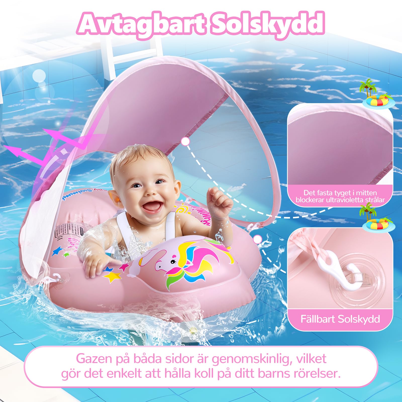 Salvagente Neonato con Parasole, Piscina Neonato 6-36 Mesi Salvagente con Mutandina Rimovibile Caratteristiche Antiribaltamento Baby Pool Float UPF50+ Protezione UV