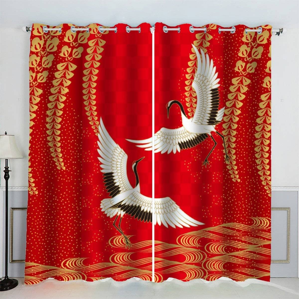 VASENA Blackout Curtains Japanese Style Red Crane Japanese Style Window Drapes Noise Reducing Polyester Fabric Blackout Curtain Panels for Living Room Thermal Drapery 2 Panels (W234xL183cm) — image 1