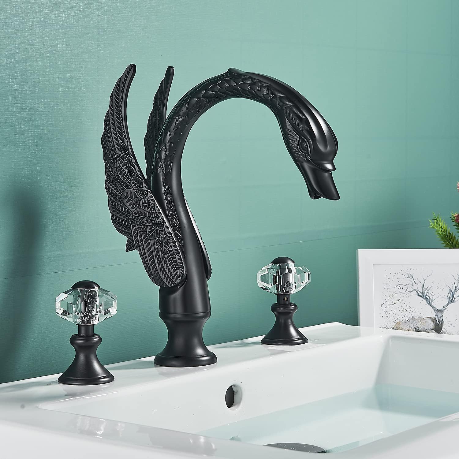 Onе-Dау Sаlе: Uр tо 60% оƒƒ Rozin Deck Mount Dual Crystal Knobs Basin Faucet Swan Spout Sink Mixer Tap Black Finish