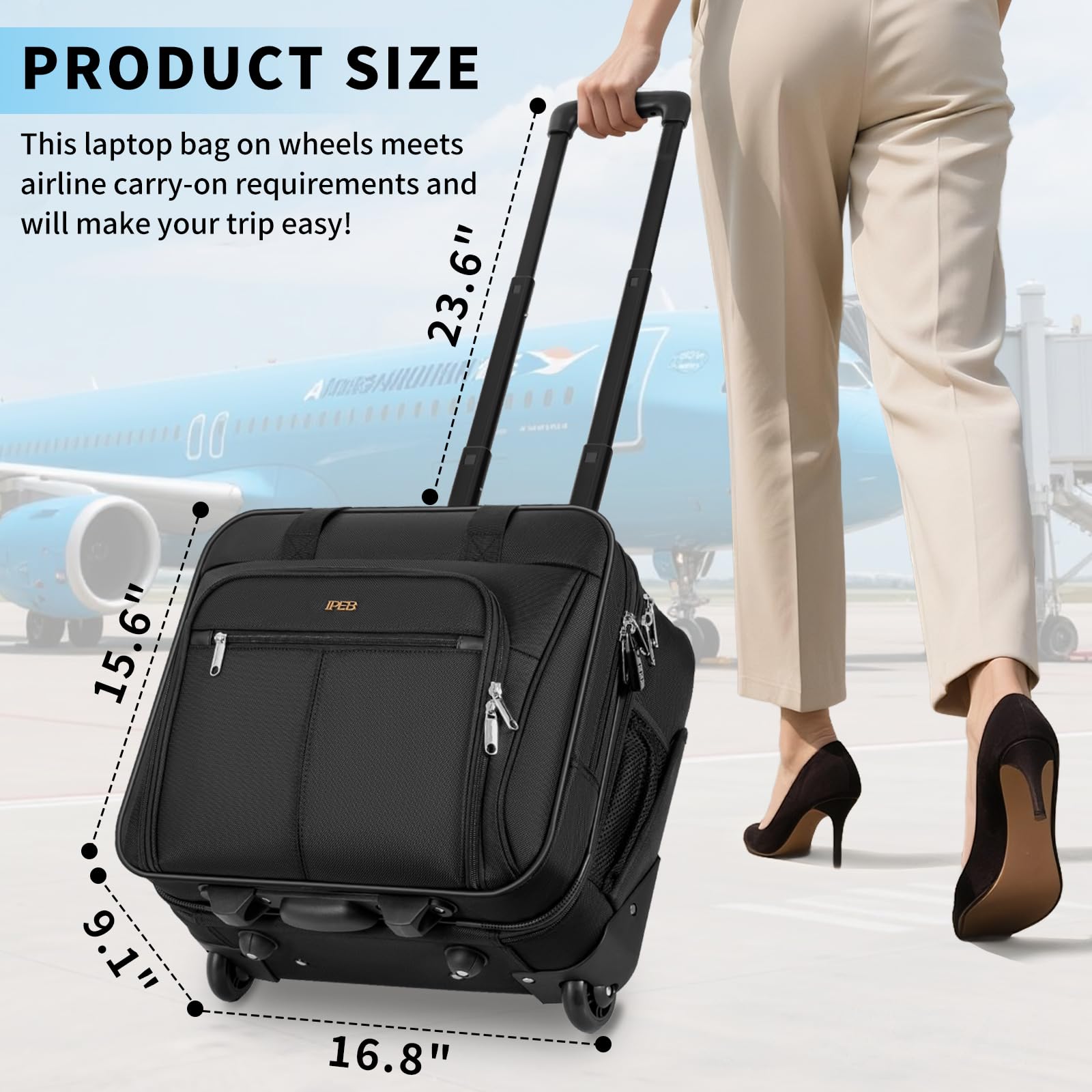 IPEB Rolling Laptop Briefcase With Wheels Fits Up to 17.3 Inch Waterproof Computer Bag and RFID Pocket for Work Travel Business Extra Zipper Lockable