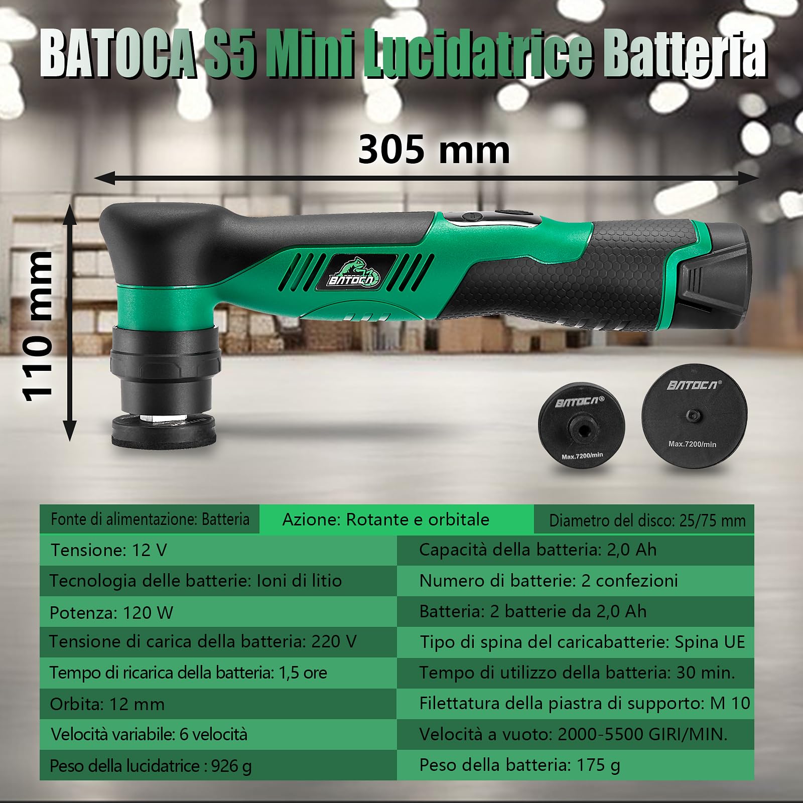 BATOCA S5 Mini Lucidatrice Batteria 12V Auto Lucidatrice per Dettagli Set di Tamponi di Lucidatura da 25mm/75mm Lucidatura Professionale Cura della Vernice Macchina per Lucidare DA&RO 2000-5500RPM