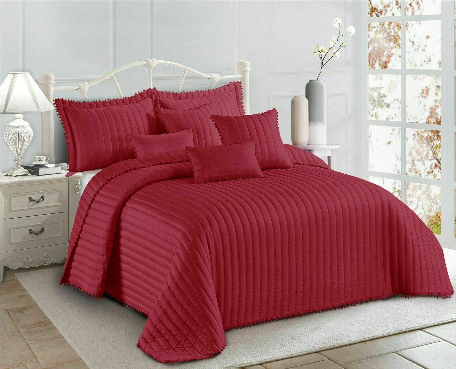 PRIME LINENS 3 Piece Quilted Bedspread Embossed Pattern Comforter Bedding Set Bed Throw with Pillow Shams (Pom Pom Red, Double)