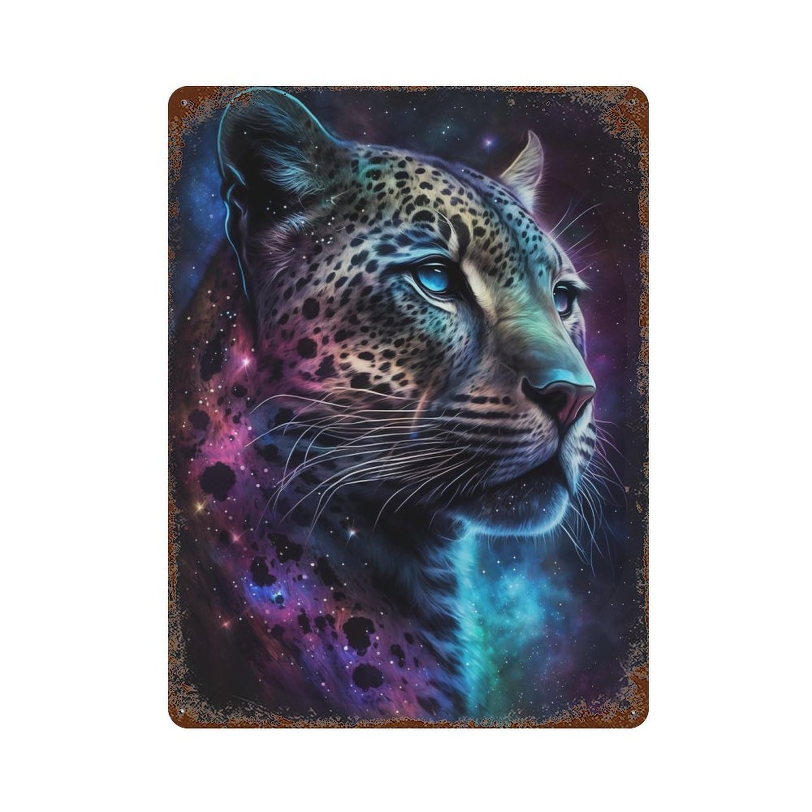 Galactic Leopard Portrait-11 Distressed Metal Wall Sign 15.7"x11.8", Rustic Home Decor for Living Room, Hallway And Home Decor