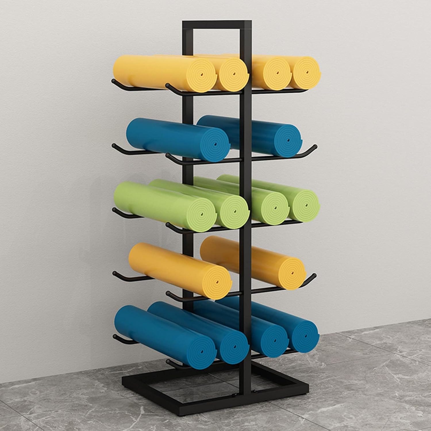 Gold/Black Yoga Mat Rack, 20 Foam Roller Storage Floor Stand, 5 Tier Large Metal Vertical Display Holder, Home/Gym/Workout Room (Color : Black)