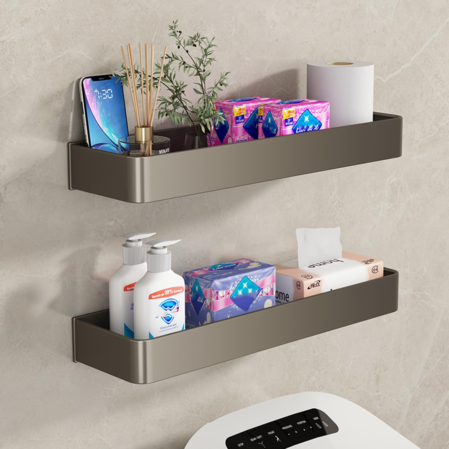 Portaoggetti da Doccia Adesivo Appendere, Organizer Parete per Doccia di Grande capacità Senza Foratura Ripiani per Doccia Bagno portaoggetti in Lega Alluminio antiruggine,Gray d,60CM