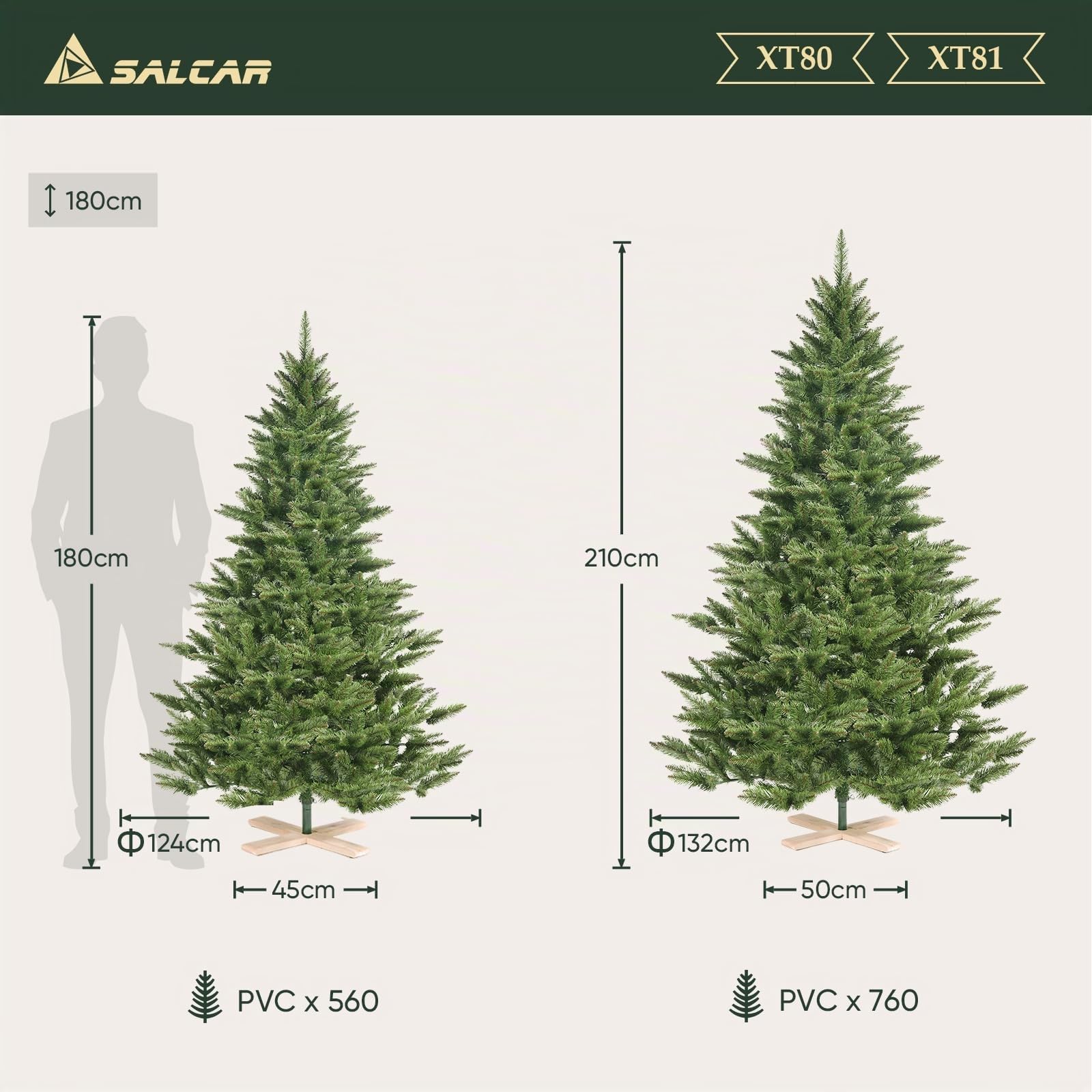 SALCAR Sapin de Noël Artificiel à 560 Pointes, 180 cm, système de Parasol Pliant, Support en Bois, Ø124 cm surdimensionné (Vert)