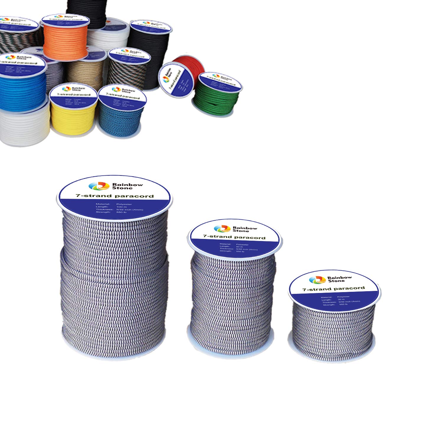 RainbowStone Paracord 7-Strand 550lb Strength 4mm utility rope 100m Reel Black and White Digital