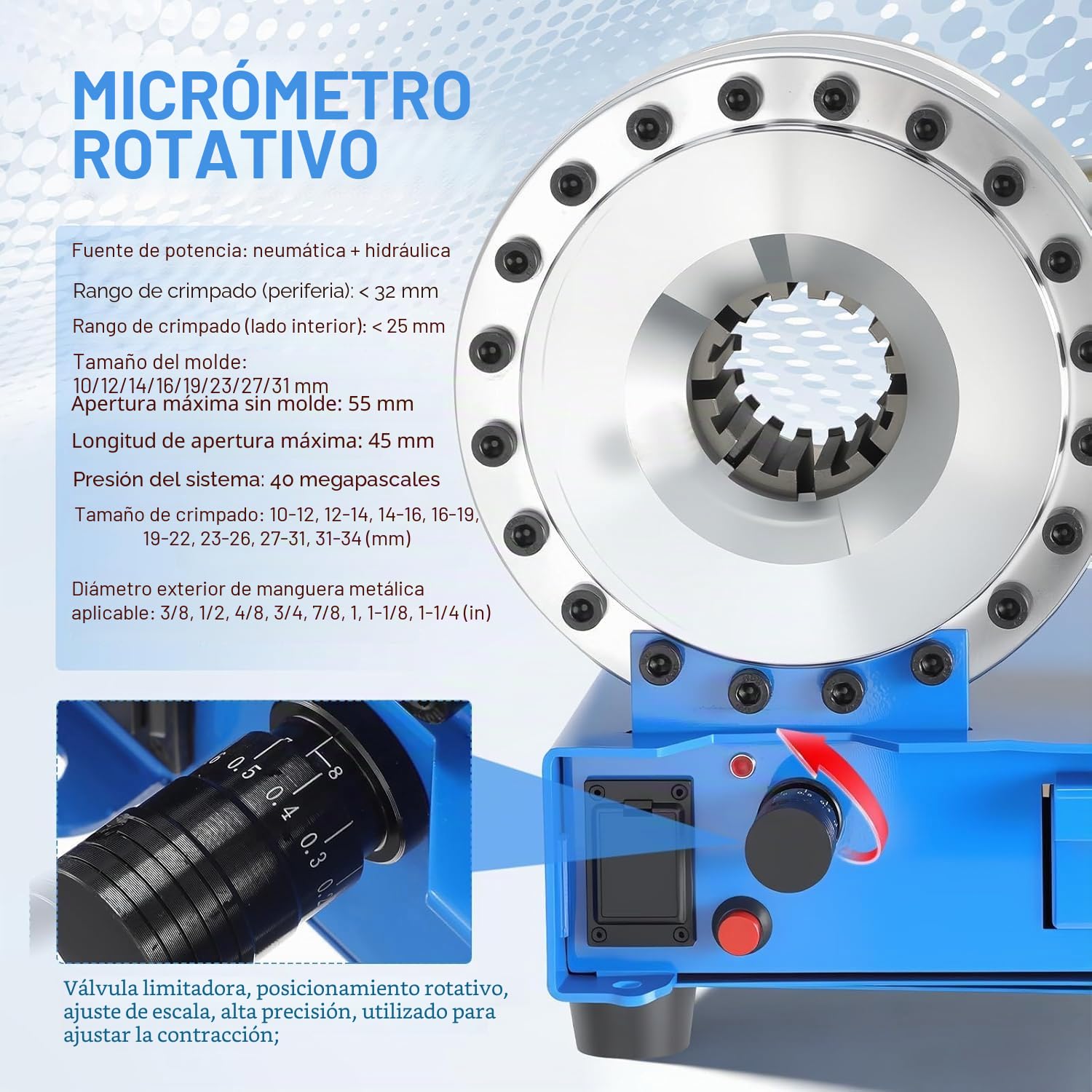 Máquina Crimpadora Profesional de Mangueras Hidráulicas de 220V con 10 Matrices – Herramienta Portátil con Final de Carrera para Aire Acondicionado, Maquinaria Agrícola y Automoción.