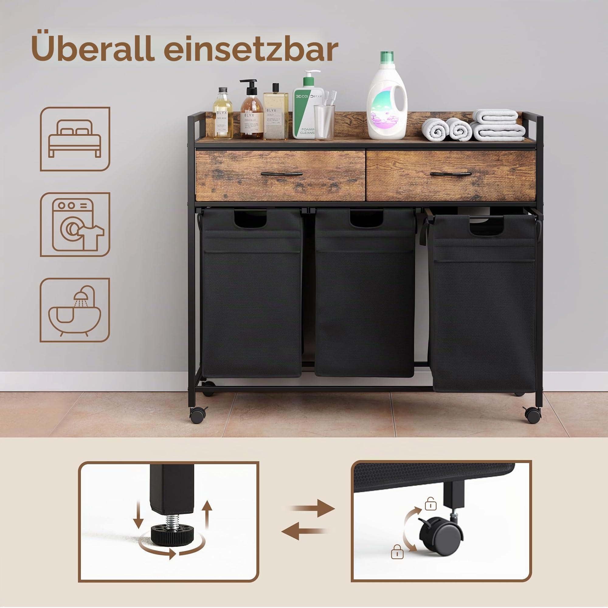 Mondeer Wäschekorb 3 Fächer, Wäschesammler mit 2 Schubladen ausziehbar und herausnehmbare Wäschesäcke, Für Waschküche Schlafzimmer Badezimmer, 3x50L, 106 x 33 x 91.5 cm, Vintagebraun und Schwarz
