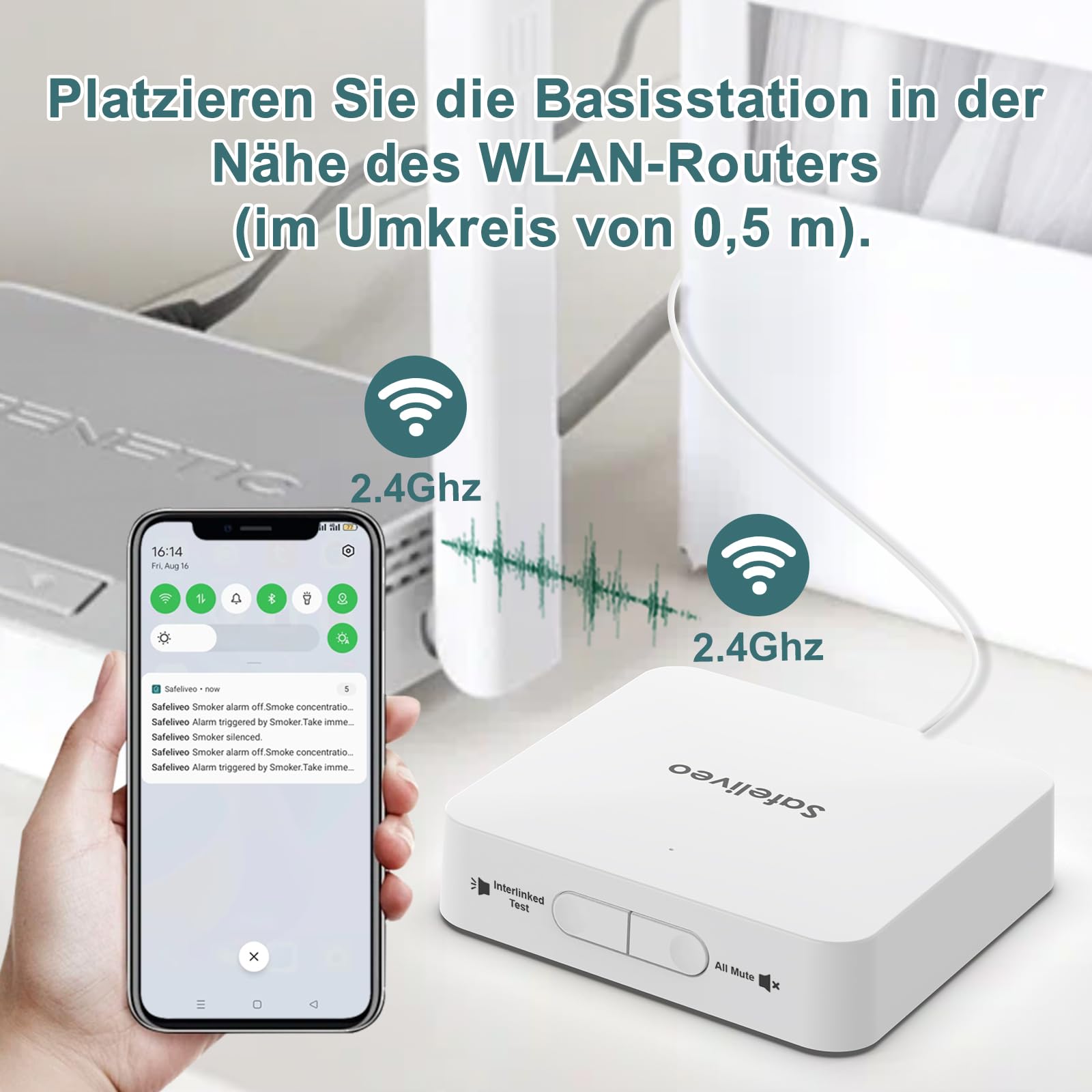 Safeliveo Rauchmelder 10 Jahre Batterie WLAN Smart Feuermelder Vernetzt 5er Set mit Basisstation, Brandmelder mit 85dB Hörbarer Alarm