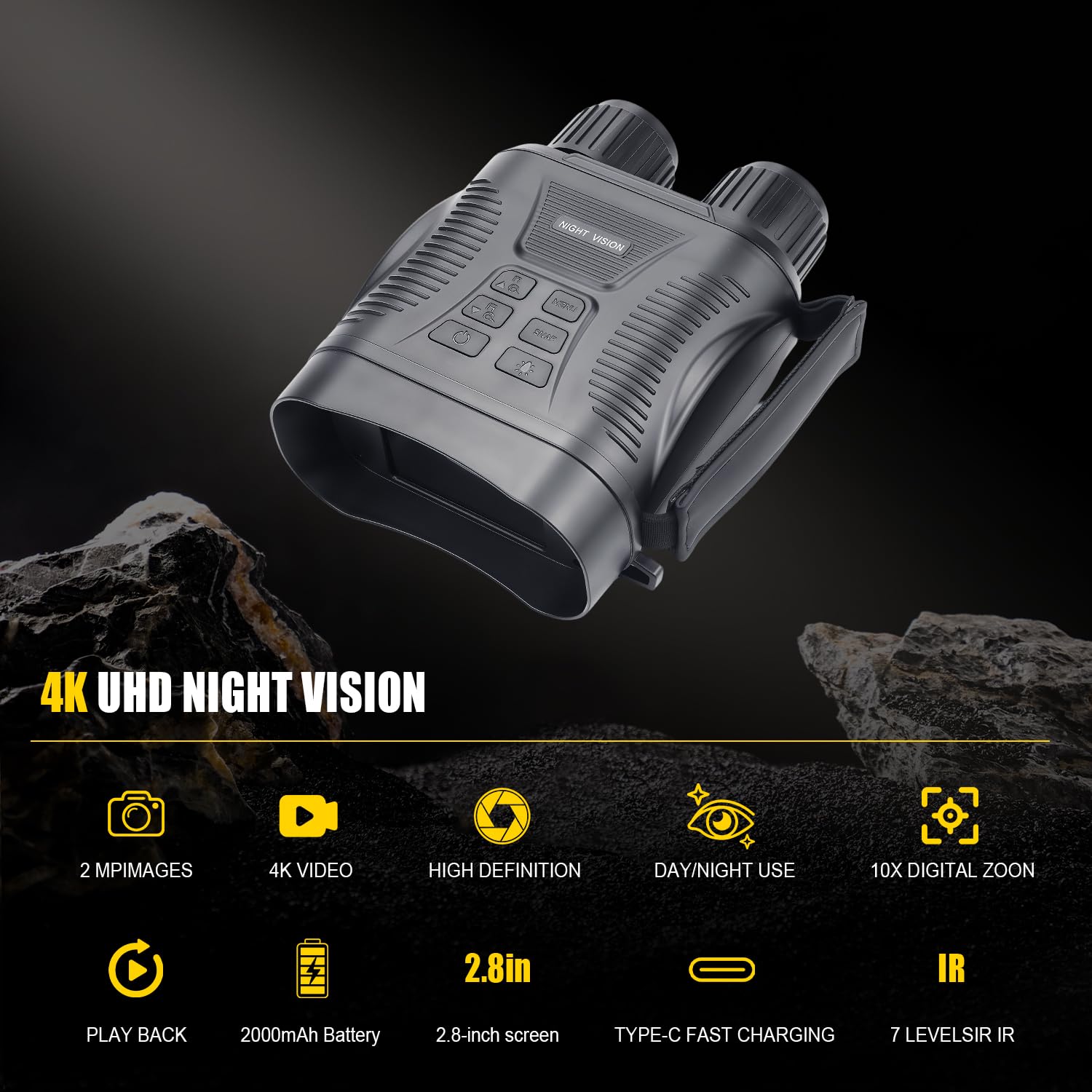 Occhiali per visione notturna, binocolo 4K per visione notturna con batteria di ricarica rapida da 2000 mAh, schermo HD da 2,8 pollici, raggio di visione da 700 m, per campeggio, caccia e sicurezza