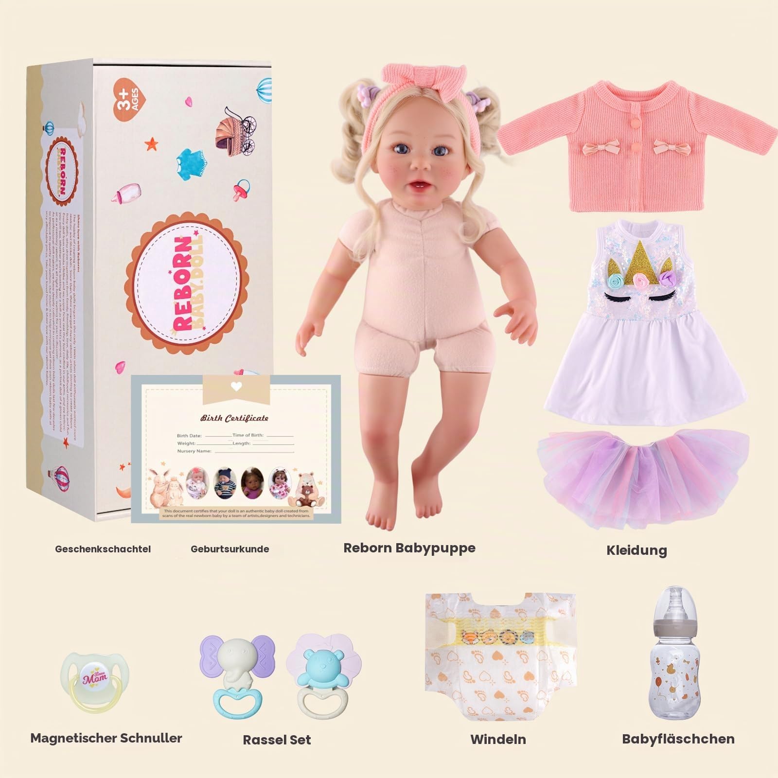 BABESIDE Reborn Baby - 17 Zoll Handgemachte Lebensechte Puppe mit Langen Grauen Haaren - Realistische Babypuppen Mädchen mit Spielzeugzubehör für Kinder Ab 3 Jahren