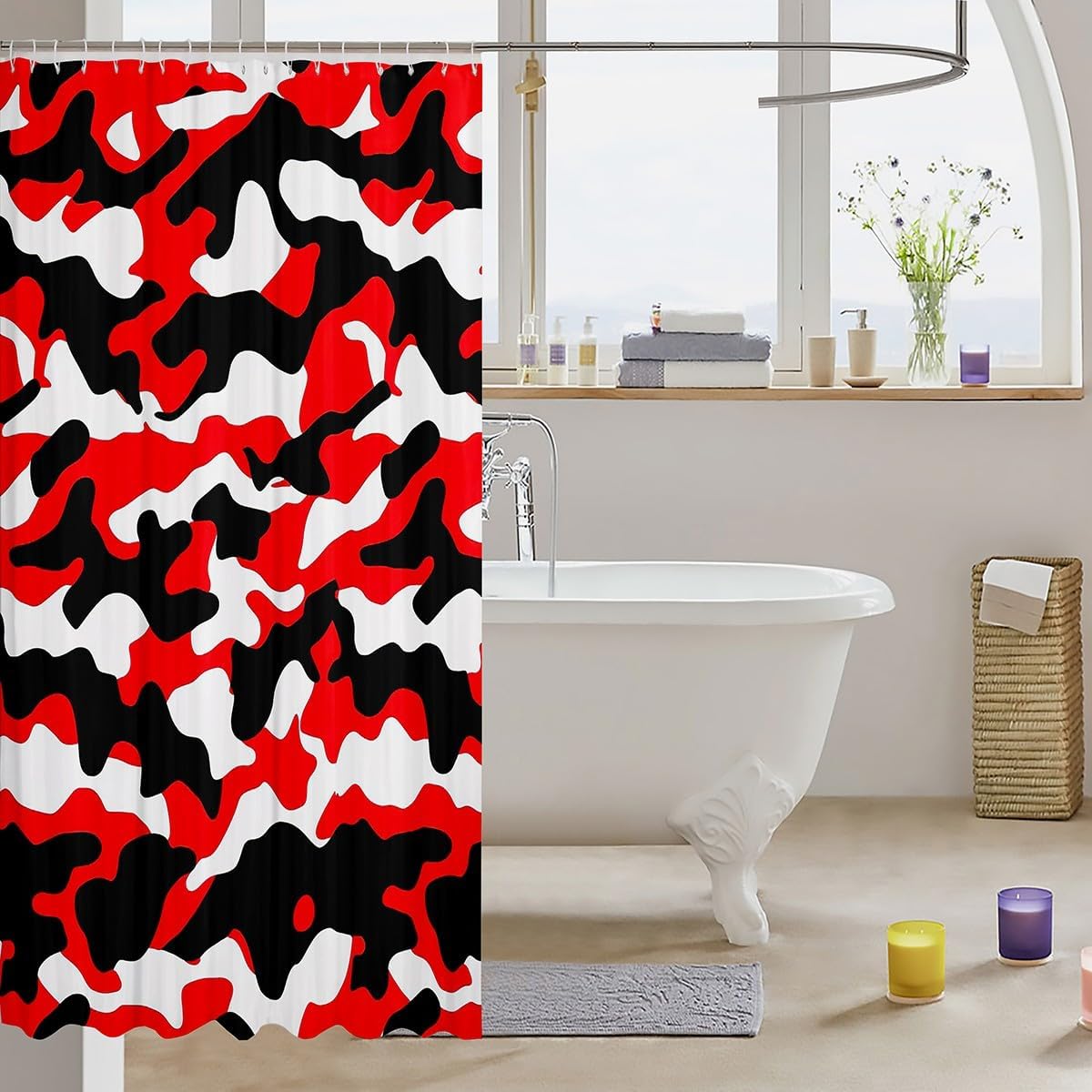 Camouflage Shower Curtain, Kids Red Camo Bath Curtain 72" W X 84" L, Minimalist Campaign Camo Curtain Sets For Boys Teens Adult, Abstract Colorful Camouflage Waterproof Fabric Bathroom Accessories