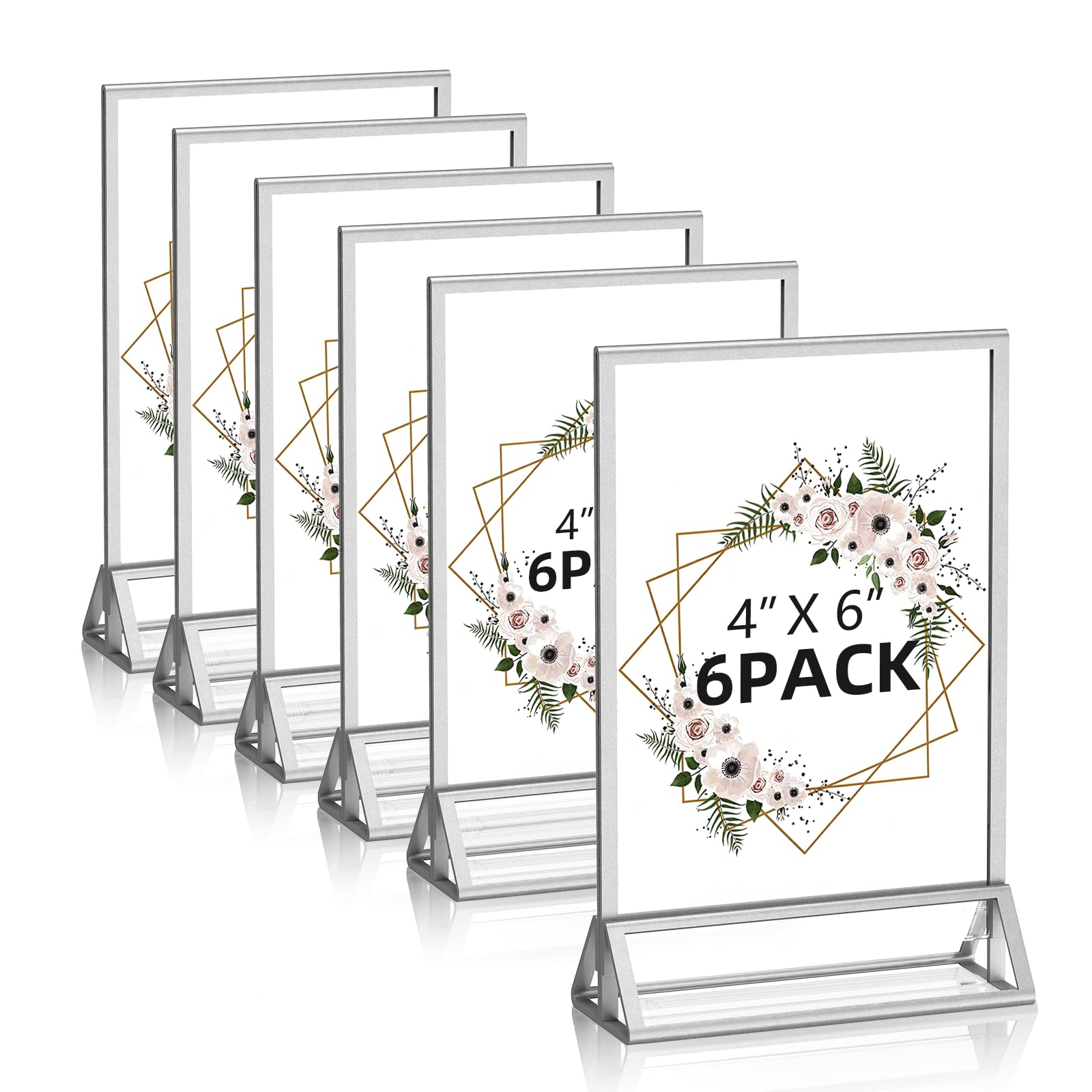 Photo 1 of PPH-Sisy 4x6 Acrylic Sign Holder, 6 Pack Silver Picture Frames Table Top Sign Holders Flyer Menu Holder, Double-Sided Photo Frames Clear Display Stand for Wedding Party Home Office