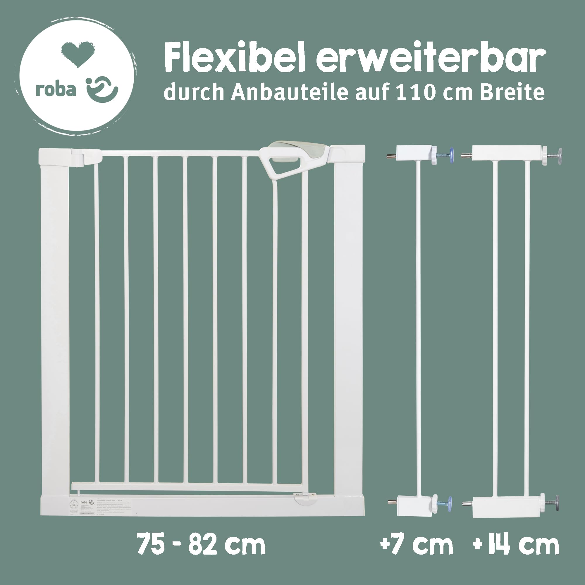roba barrera de seguridad easySafe+ para puertas y escaleras metal ajustable 75-82 cm extensible hasta 110 cm TÜV cierre con indicador tope 90° sin taladrar para niños 0-24 meses blanco