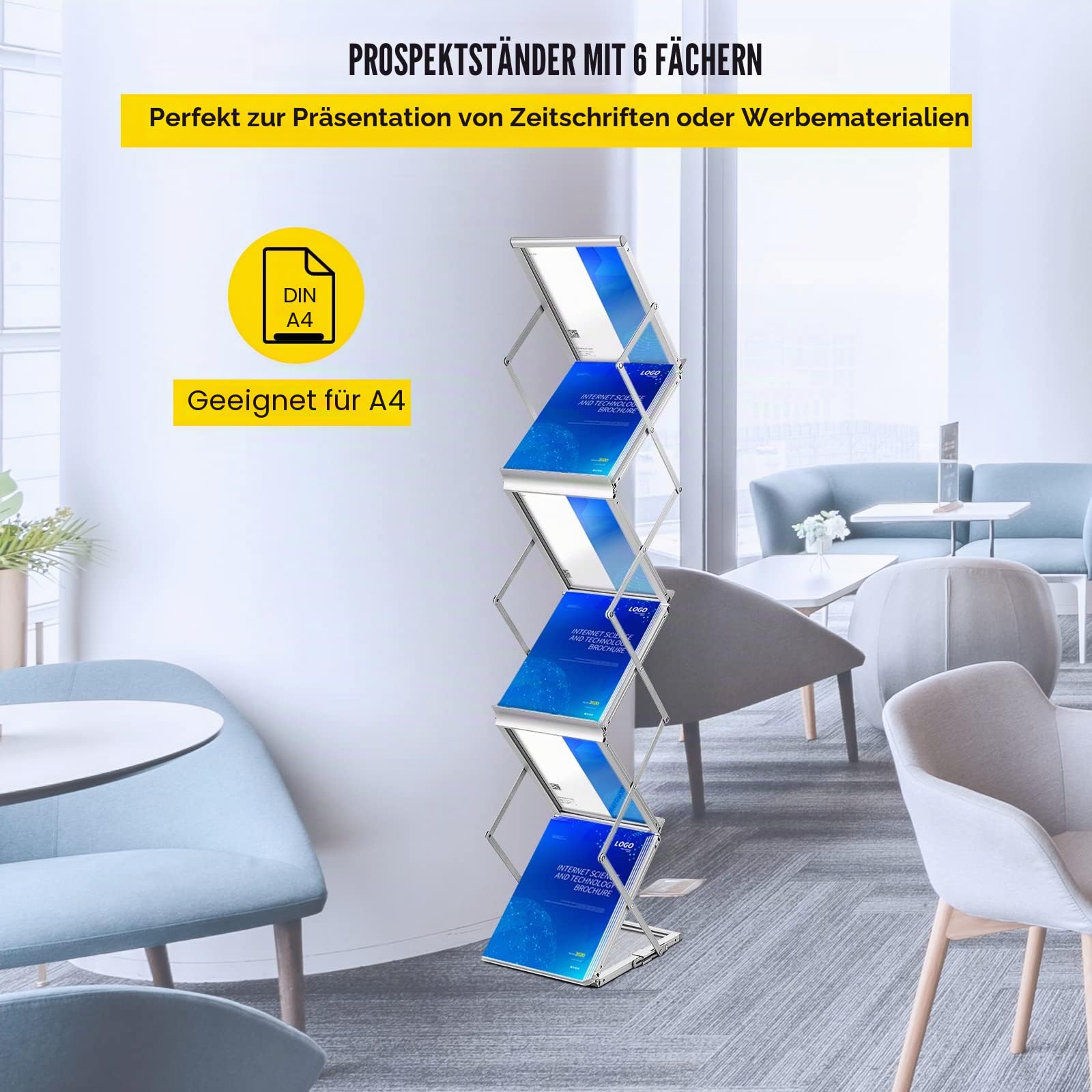 VEVOR Literaturständer, 6 Taschen, Pop-Up-Aluminium-Magazinständer, Leichter Kataloghalter, Ständer mit Tragetasche für Wohnzimmer, Hotel, Messe, Ausstellung, Büro, silber