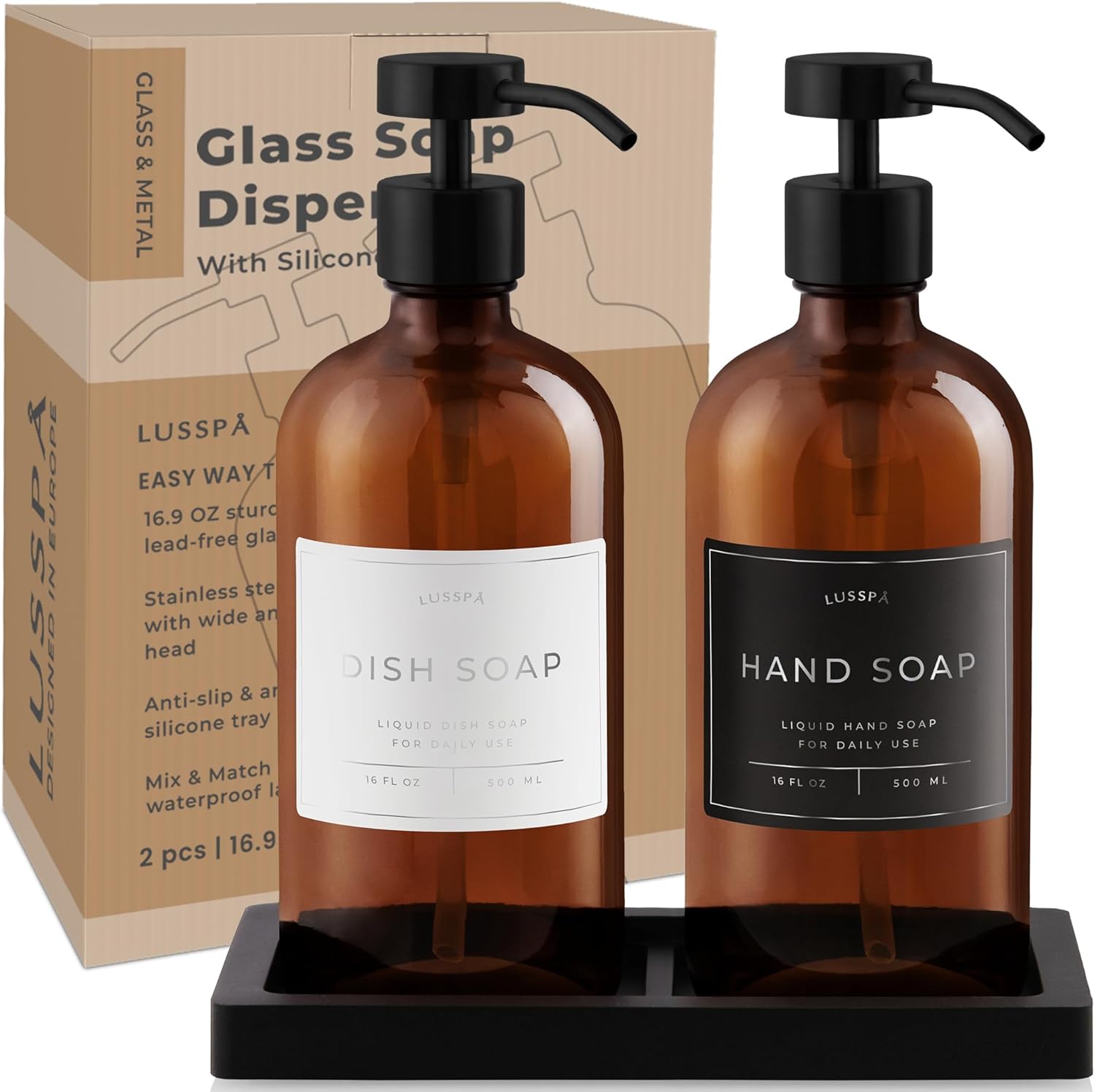 Glass Soap Dispenser Set of 2 (Amber) with Silicone Tray | Hand and Dish Soap Dispenser for Kitchen and Bathroom | 16.8 Oz Glass Bottles with Stainless Steel Pump & 15 Waterproof Labels (Amber/Black) - Image 7