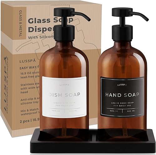 Miniatura 7 de Juego de 2 dispensadores de jabón de vidrio (ámbar) con bandeja de silicona, dispensador de jabón de manos y platos para cocina y baño, botellas de