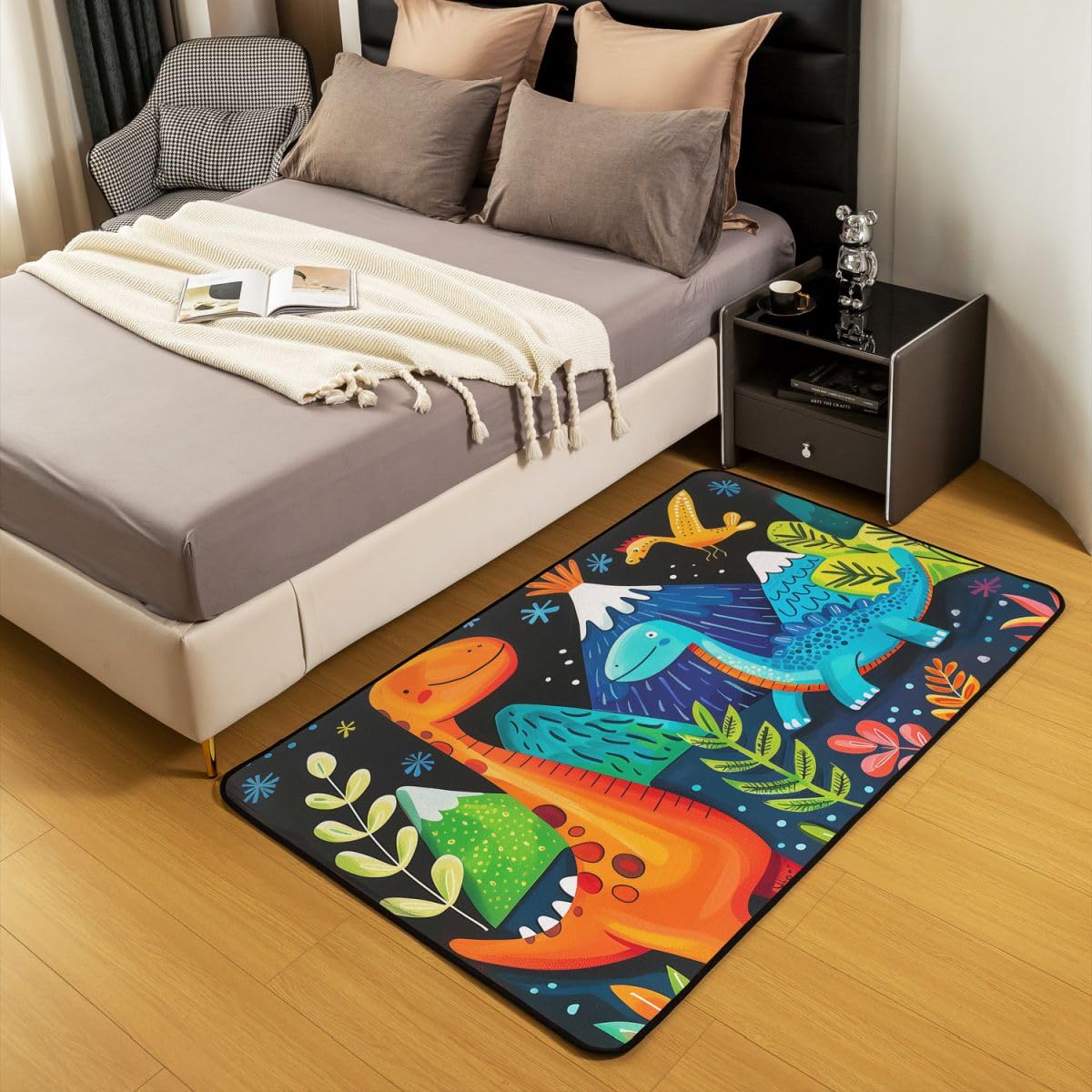 Tapis Salon 150x200cm Dinosaures Tapis D Intérieur Prehistoric Antidérapant Doux Lavable Mignon Dessin Animé Dino pour Salon Chambre Animaux Sauvages Salle À Manger Cuisine Vert Plantes