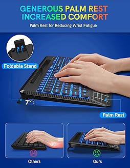 Wireless Keyboard with 7 Colored Backlits, Wrist Rest, Phone Holder, Rechargeable Ergonomic Computer Keyboard with Silent Keys, Full Size Lighted Keyboard for Windows, MacBook, PC, Laptop (Black)