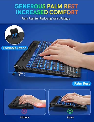 Miniatura 3 de Teclado inalámbrico con retroiluminación de 7 colores, reposamuñecas, soporte para teléfono, teclado ergonómico recargable con teclas silenciosas,