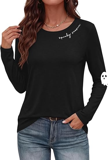 Halloween Shirts for Women Long Sleeve Fall Pumpkint Ghost Graphic Shirt