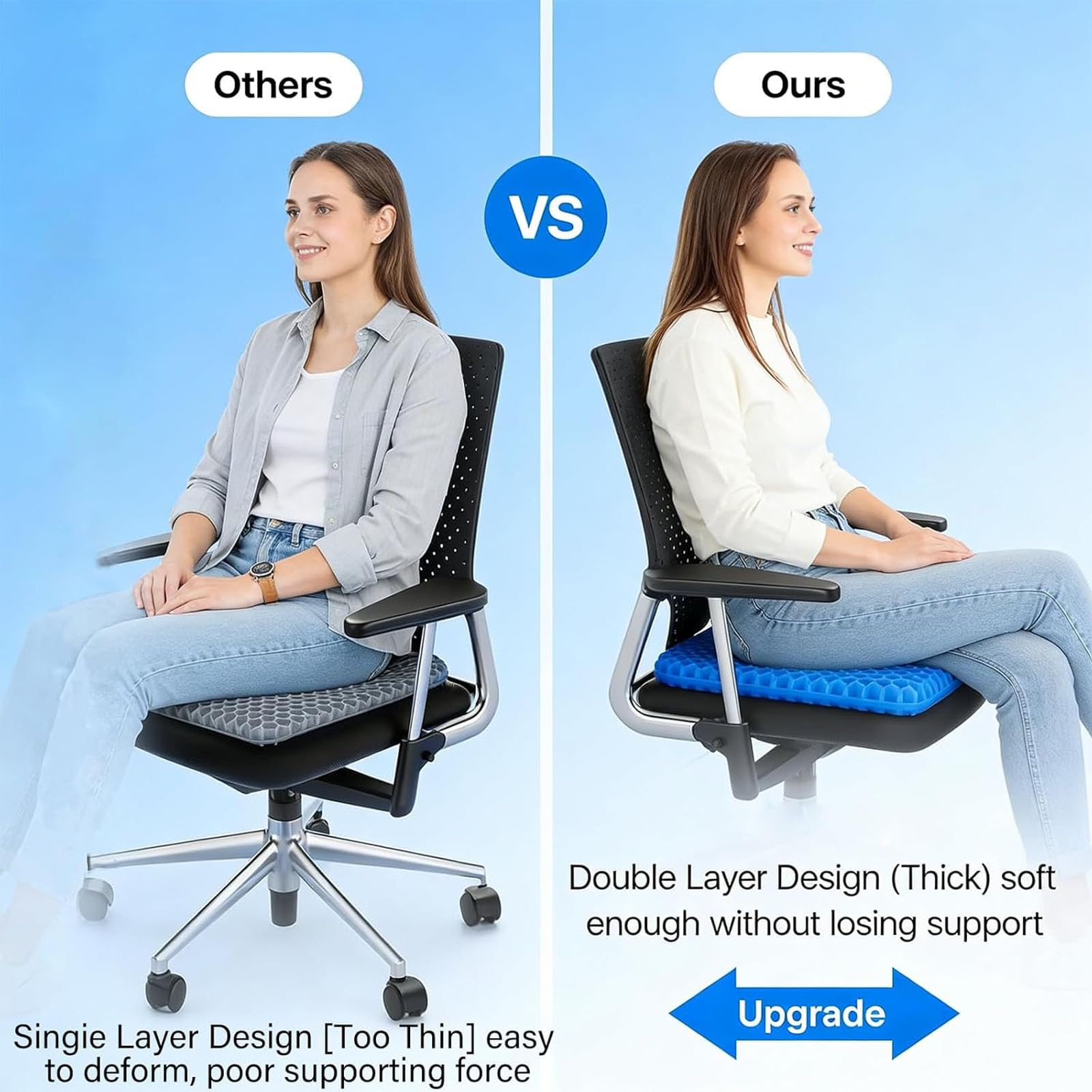 Cojín de asiento de gel para mayor comodidad y apoyo, diseño de panal transpirable, funda antideslizante, ideal para juegos, oficina, coche y silla de ruedas